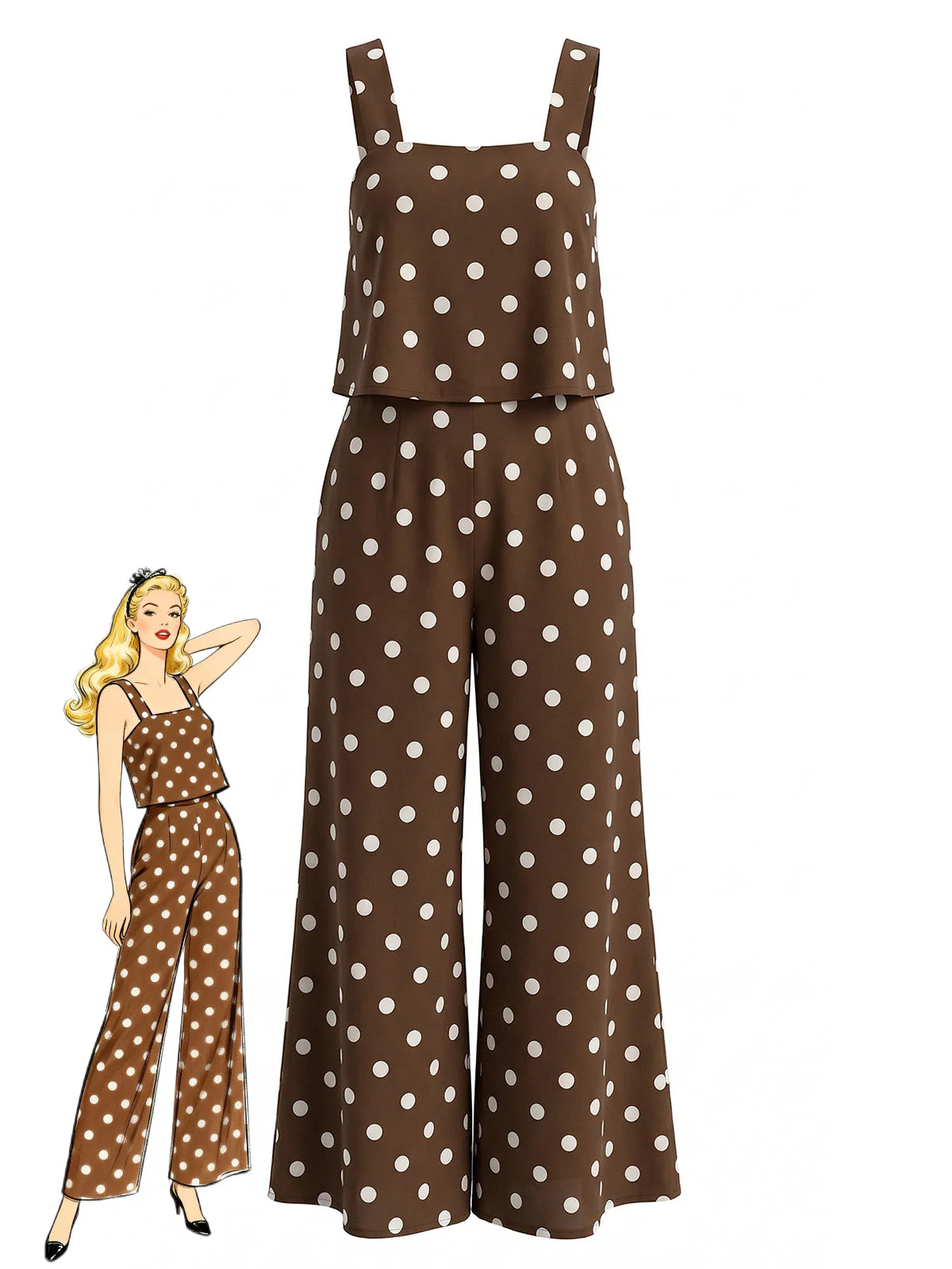 Combinaison Marron à Pois Jambes Larges Années 1930