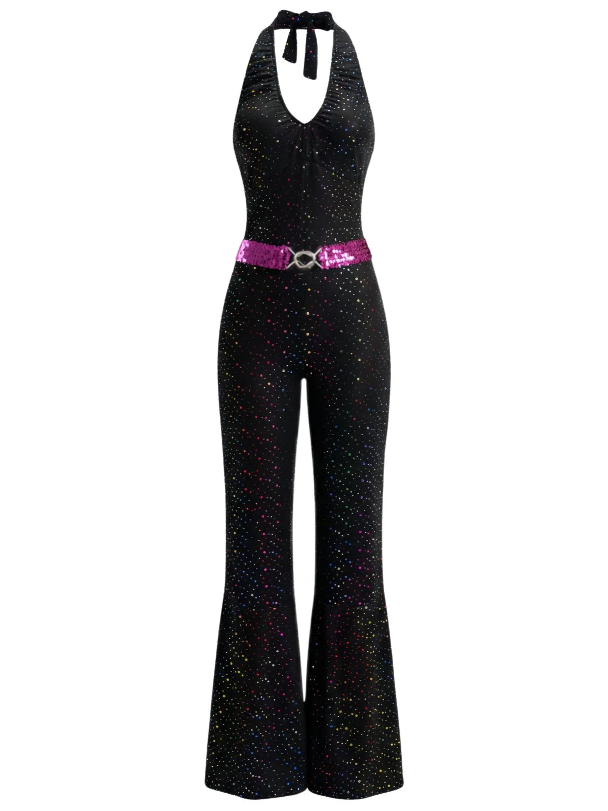 Combinaison noire disco à sequins et dos nu évasé années 70 - Image 2