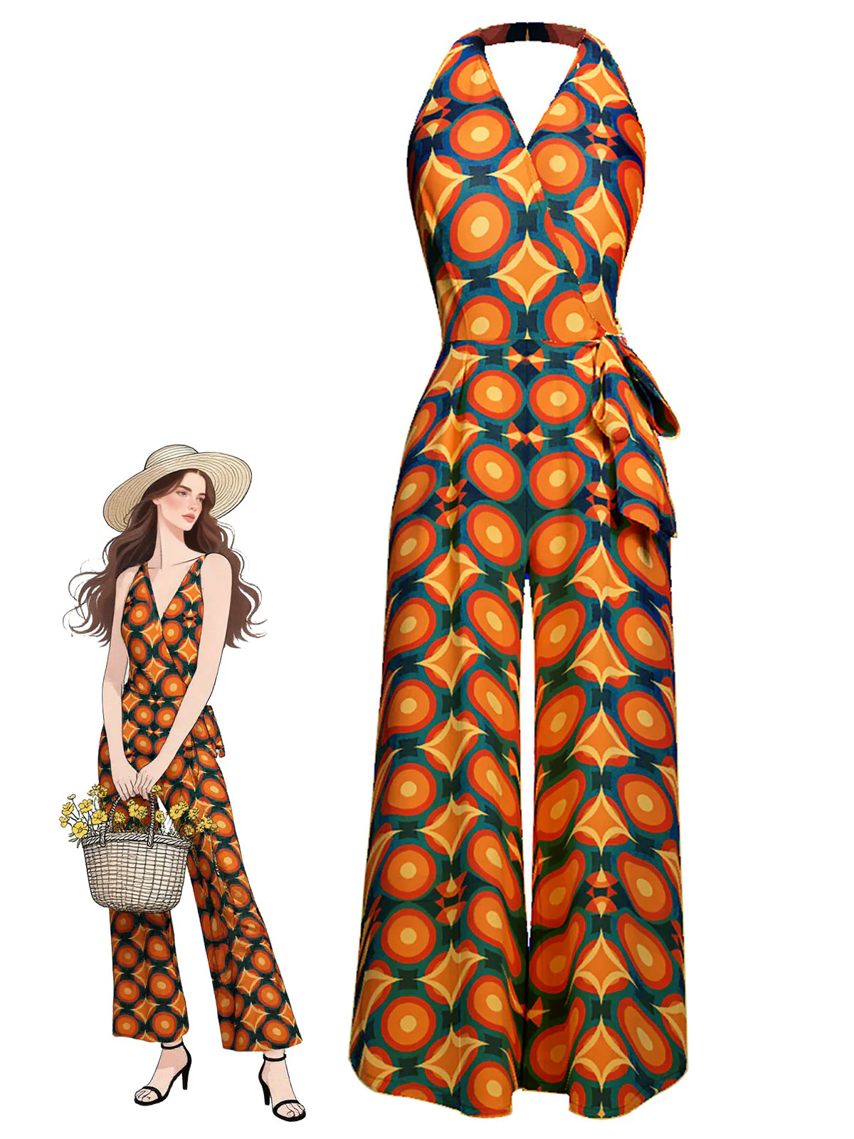 Combinaison orange licou à imprimé géométrique années 1970