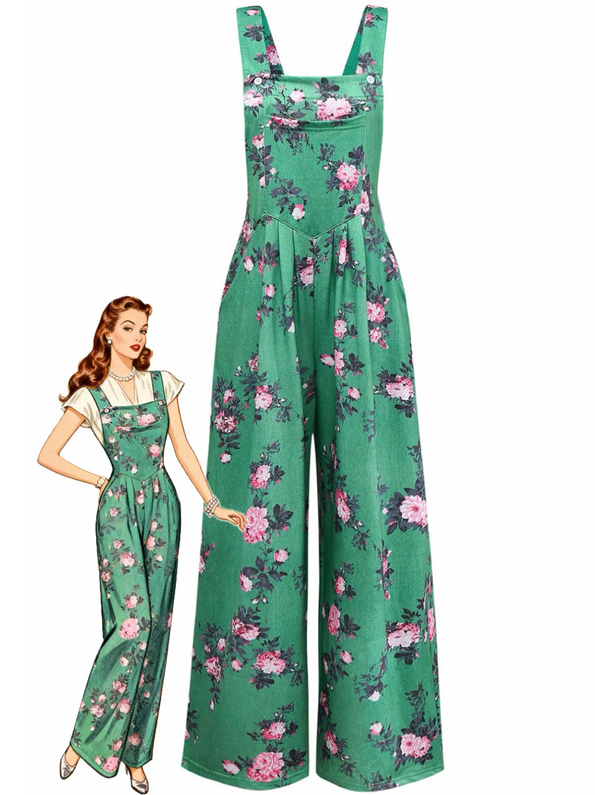 Combinaison pantalon large à imprimé floral vert années 1940 - Image 3
