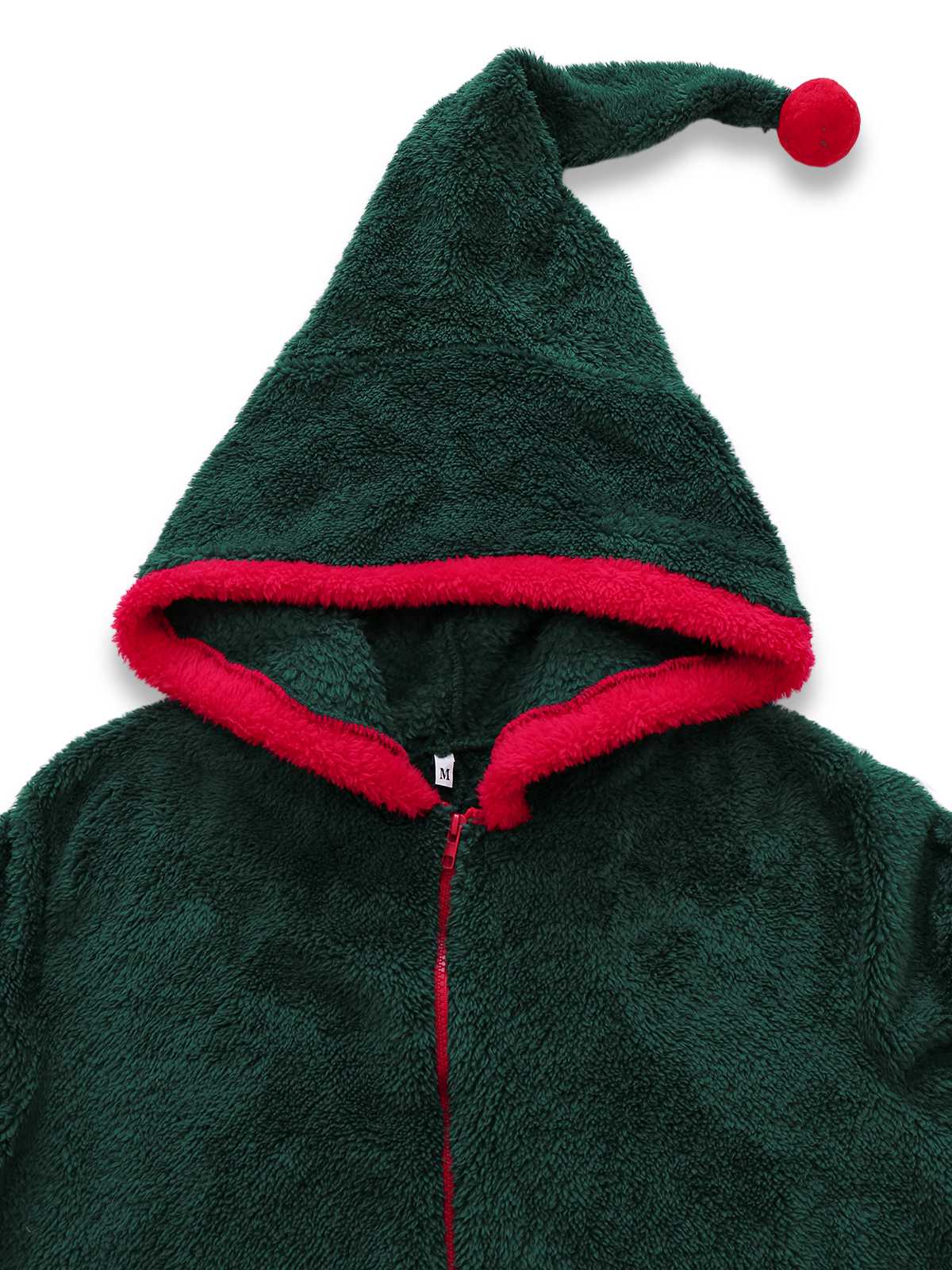 Combinaison pyjama de Noël verte en sherpa à capuche années 1970 - Image 5