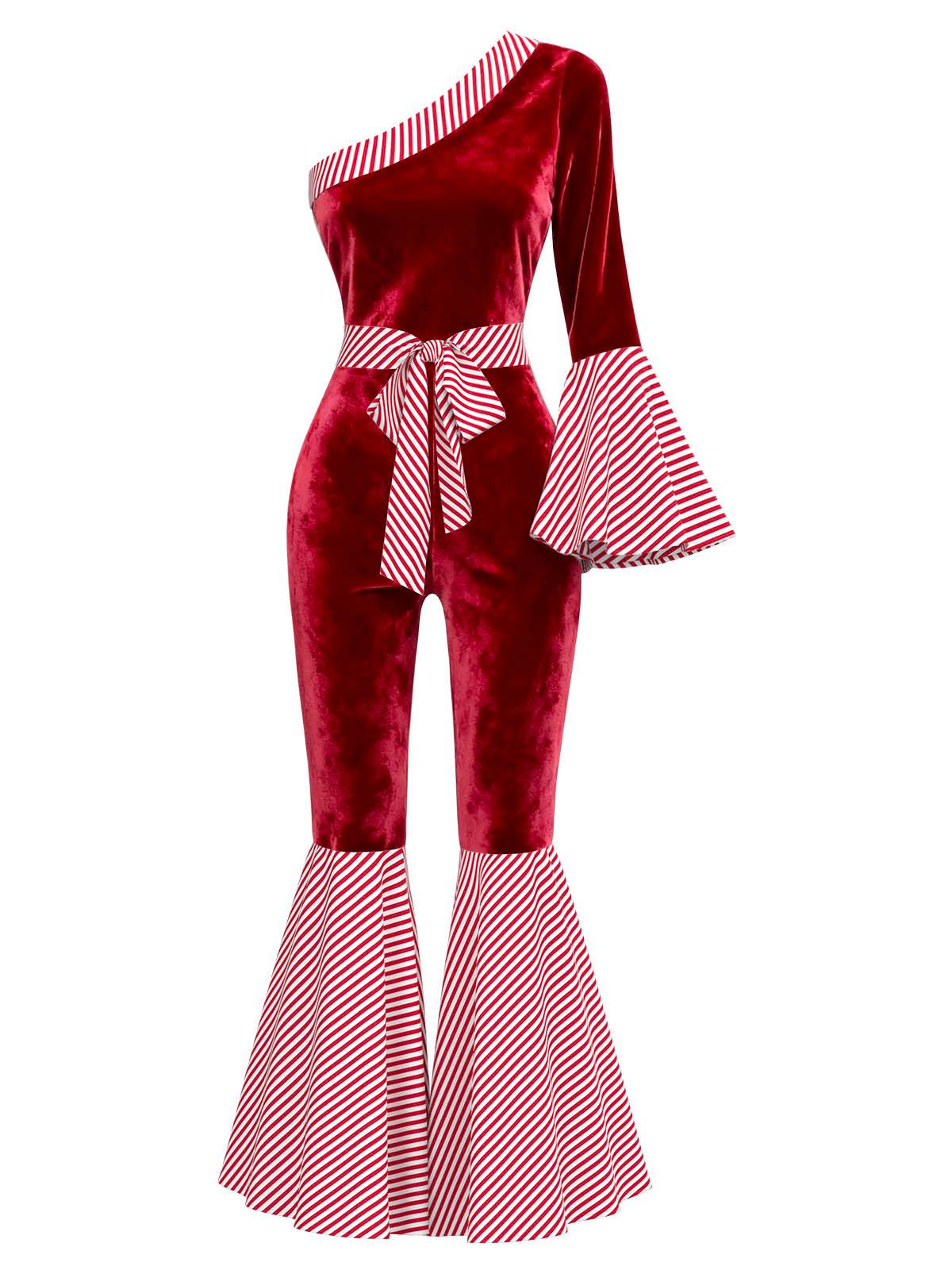 Combinaison rouge velours manches cloche et rayures canne en sucre années 1970 - Image 2