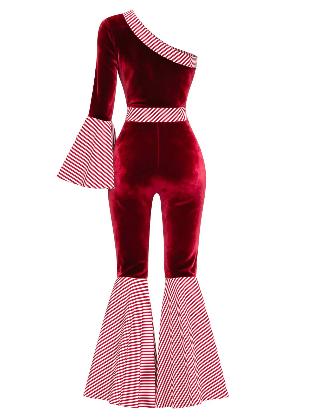 Combinaison rouge velours manches cloche et rayures canne en sucre années 1970 - Image 3