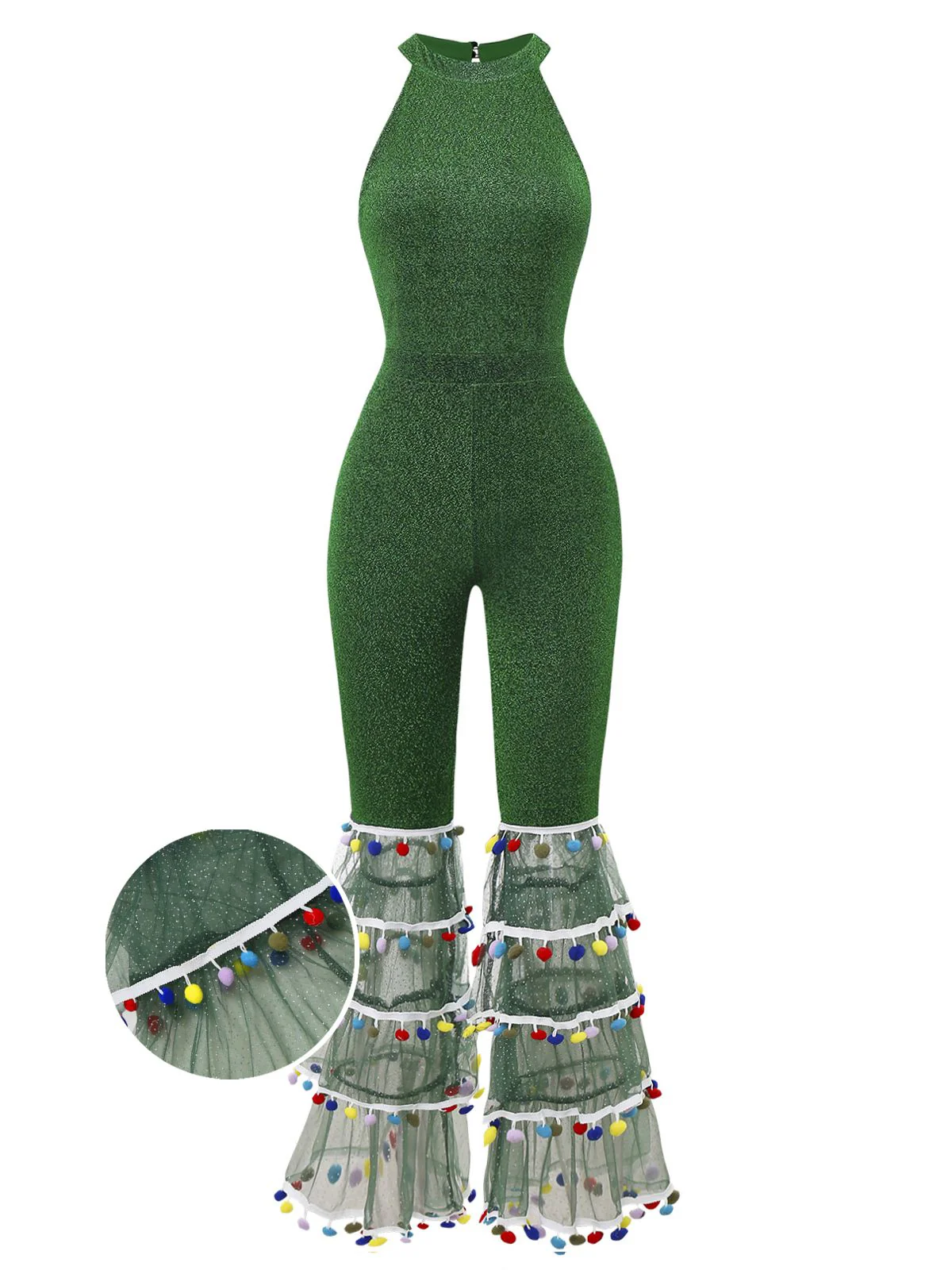 Combinaison verte évasée en mailles patchwork brillantes des années 1980