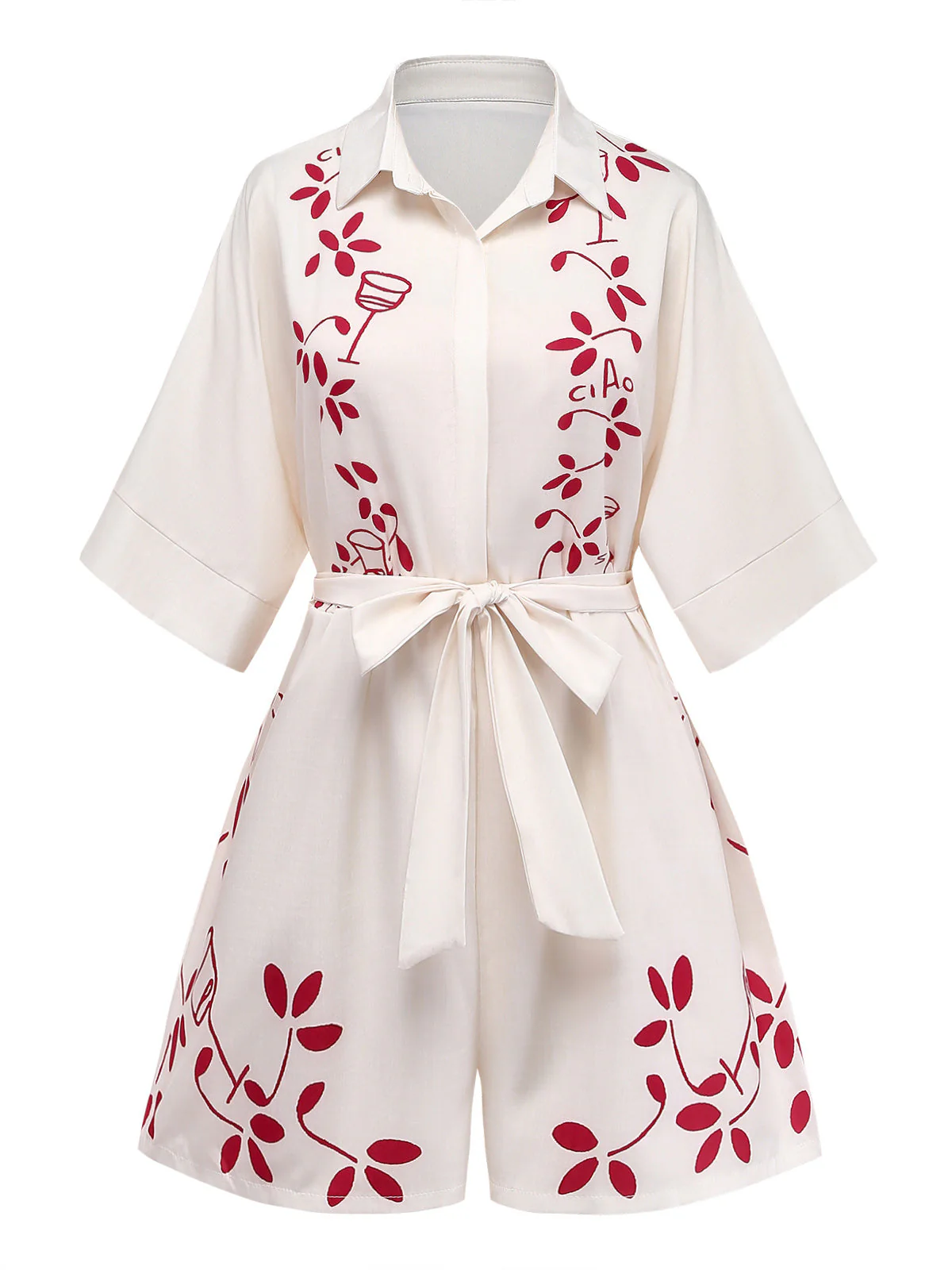 Combishort beige à imprimé botanique ceinture et revers années 1950 - Image 2