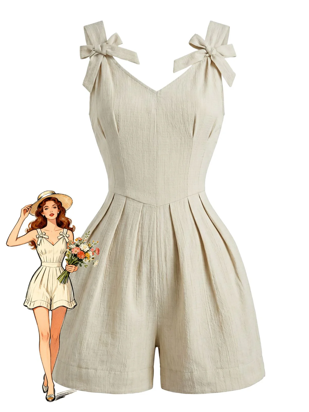 Combishort beige plissé larges bretelles et nœud années 50