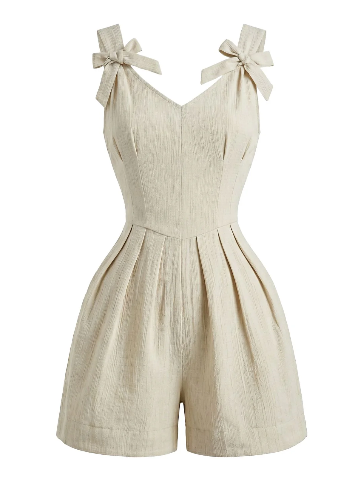 Combishort beige plissé larges bretelles et nœud années 50 - Image 4