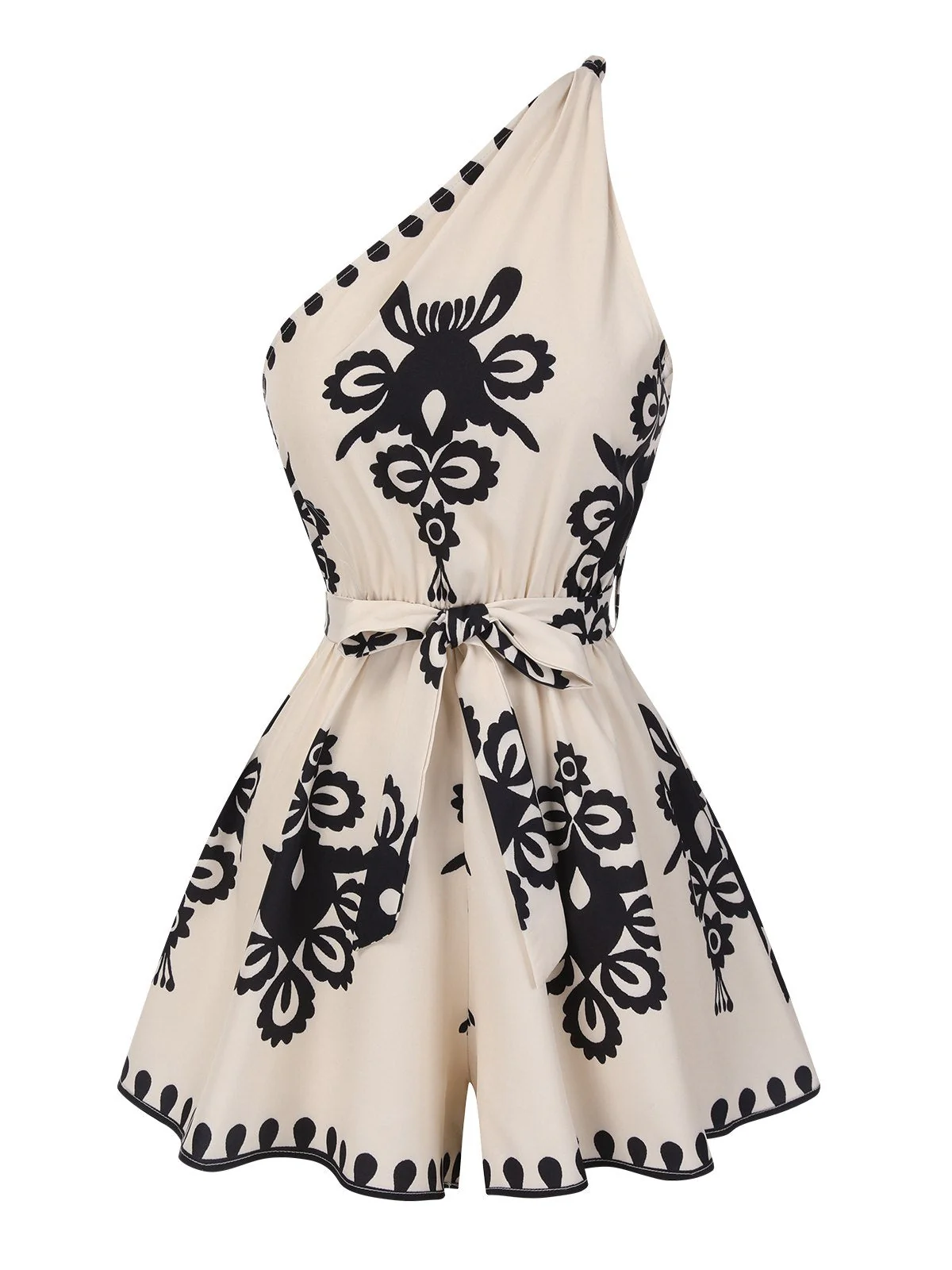 Combishort Beige Une Épaule Imprimé Floral Années 40