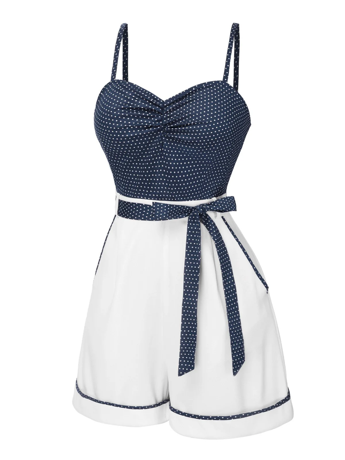Combishort bleu à bretelles en patchwork à pois des années 1940 - Image 5