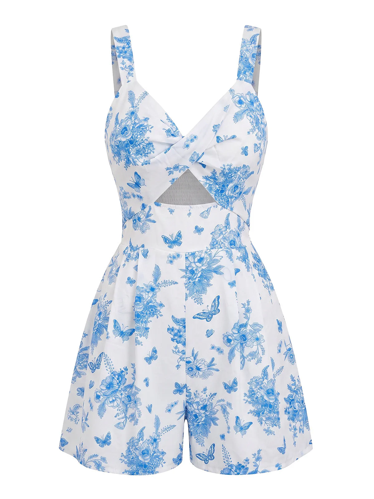 Combishort bleu motifs floraux col V ajouré et détails smockés années 70 - Image 2