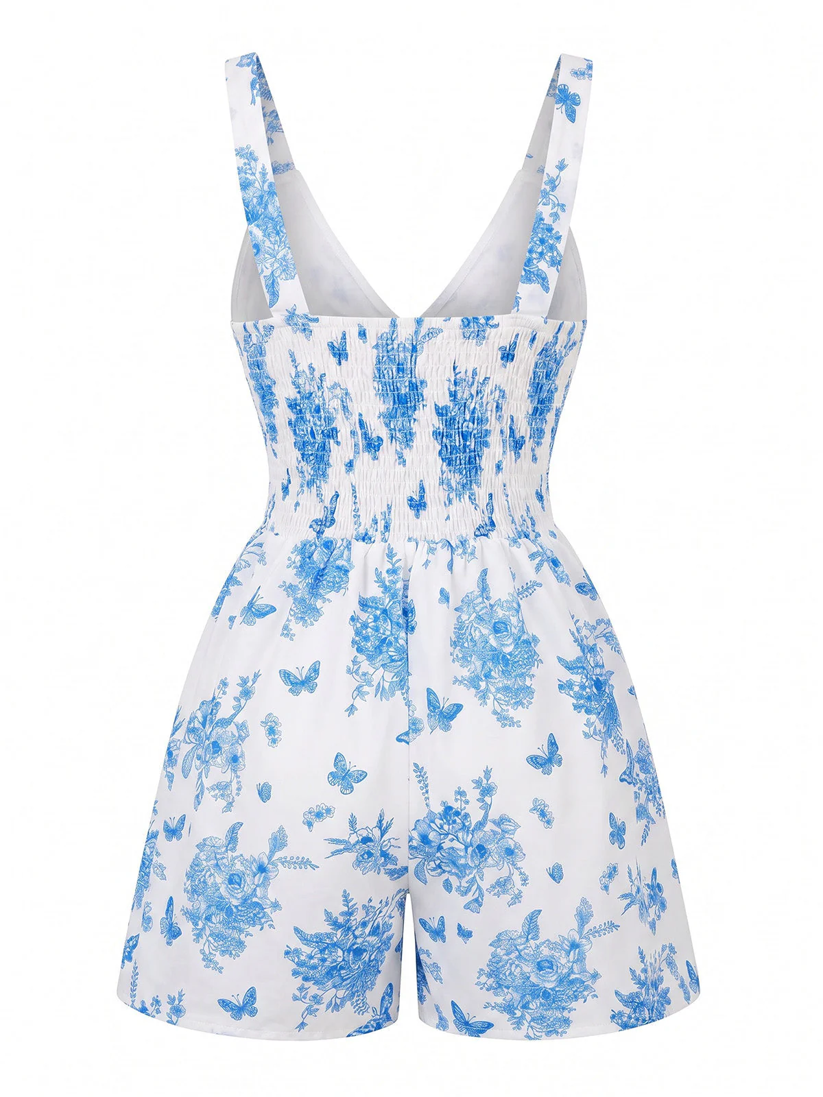Combishort bleu motifs floraux col V ajouré et détails smockés années 70 - Image 3
