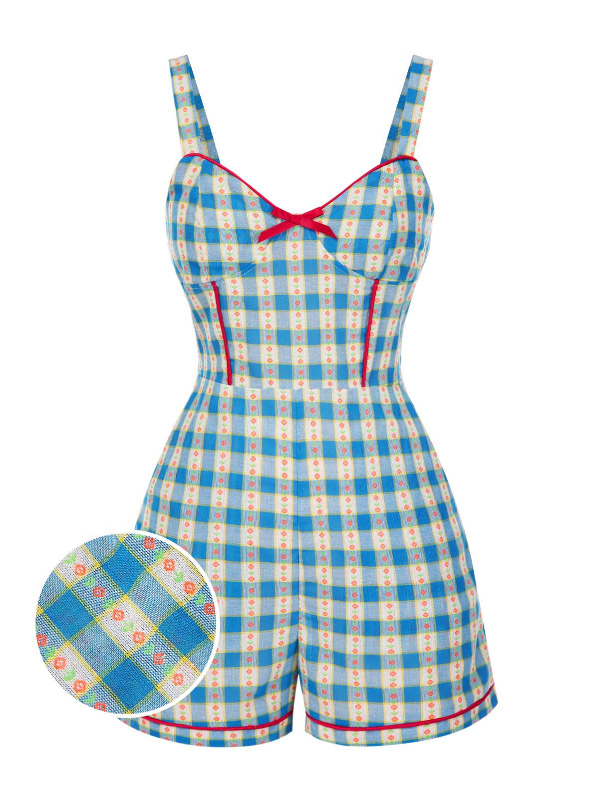 Combishort bleue fleur à carreaux vichy nœud années 1950