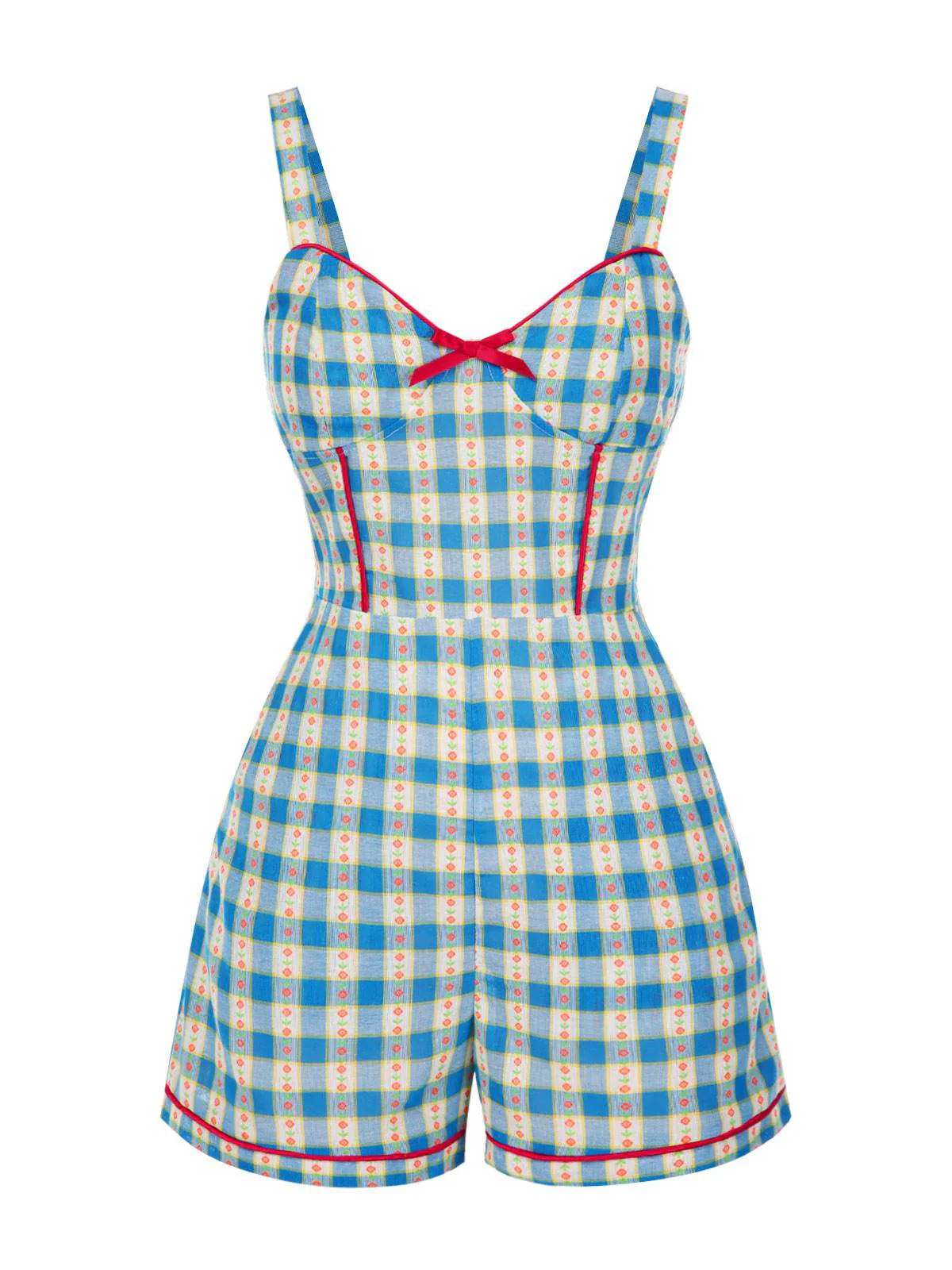 Combishort bleue fleur à carreaux vichy nœud années 1950 - Image 2