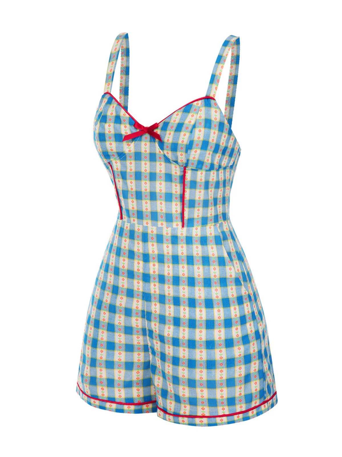 Combishort bleue fleur à carreaux vichy nœud années 1950 - Image 3