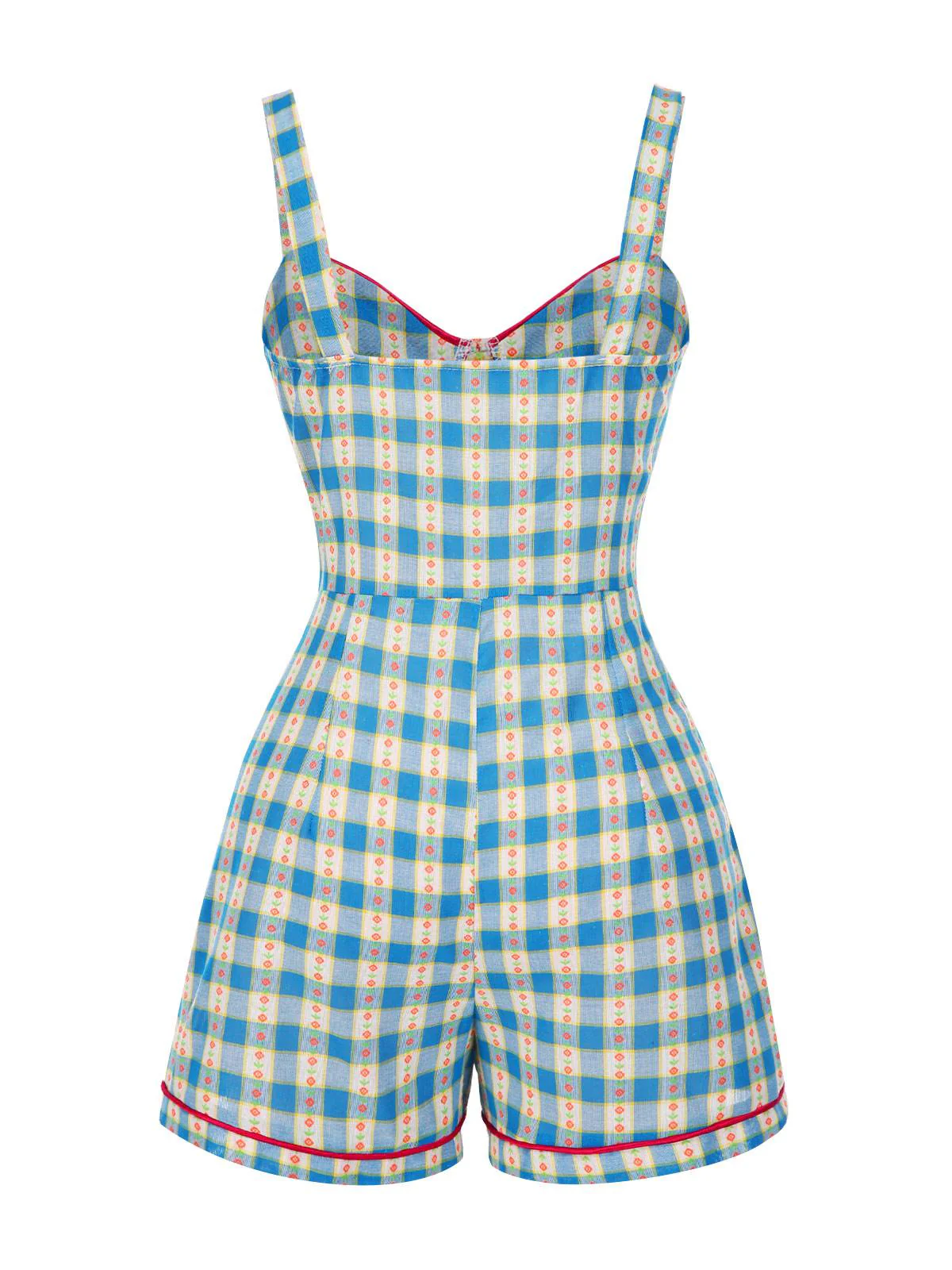 Combishort bleue fleur à carreaux vichy nœud années 1950 - Image 4