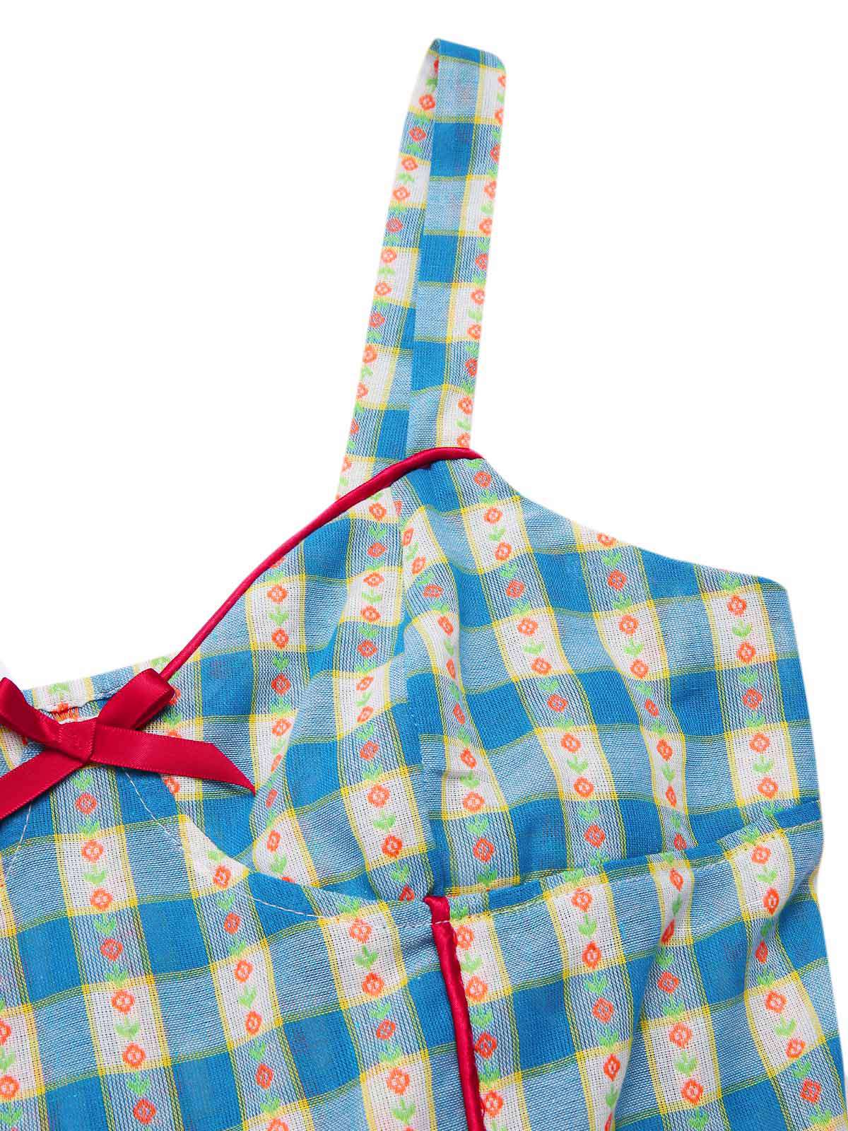 Combishort bleue fleur à carreaux vichy nœud années 1950 - Image 5