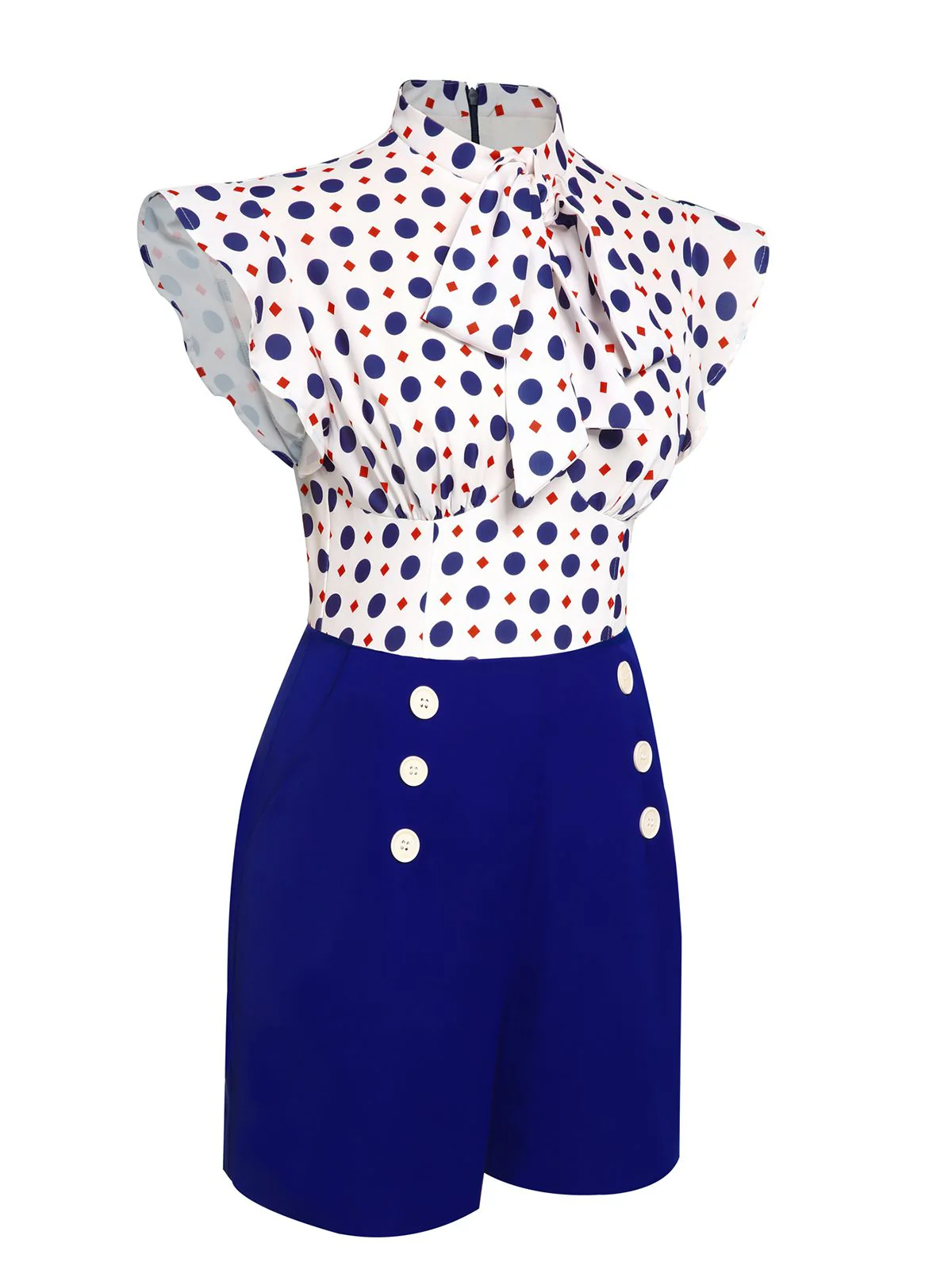Combishort boutonnée bleue mancherons à pois années 1950 - Image 3