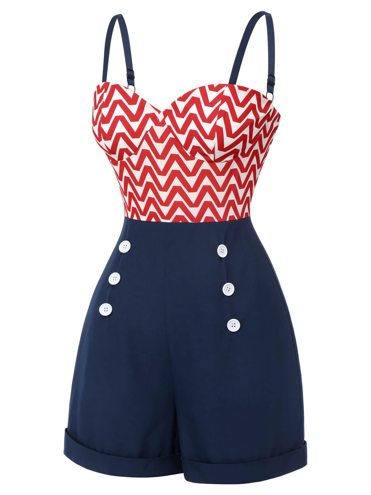 Combishort à bretelles à rayures et chevrons rouge et bleu des années 1950 - Image 3