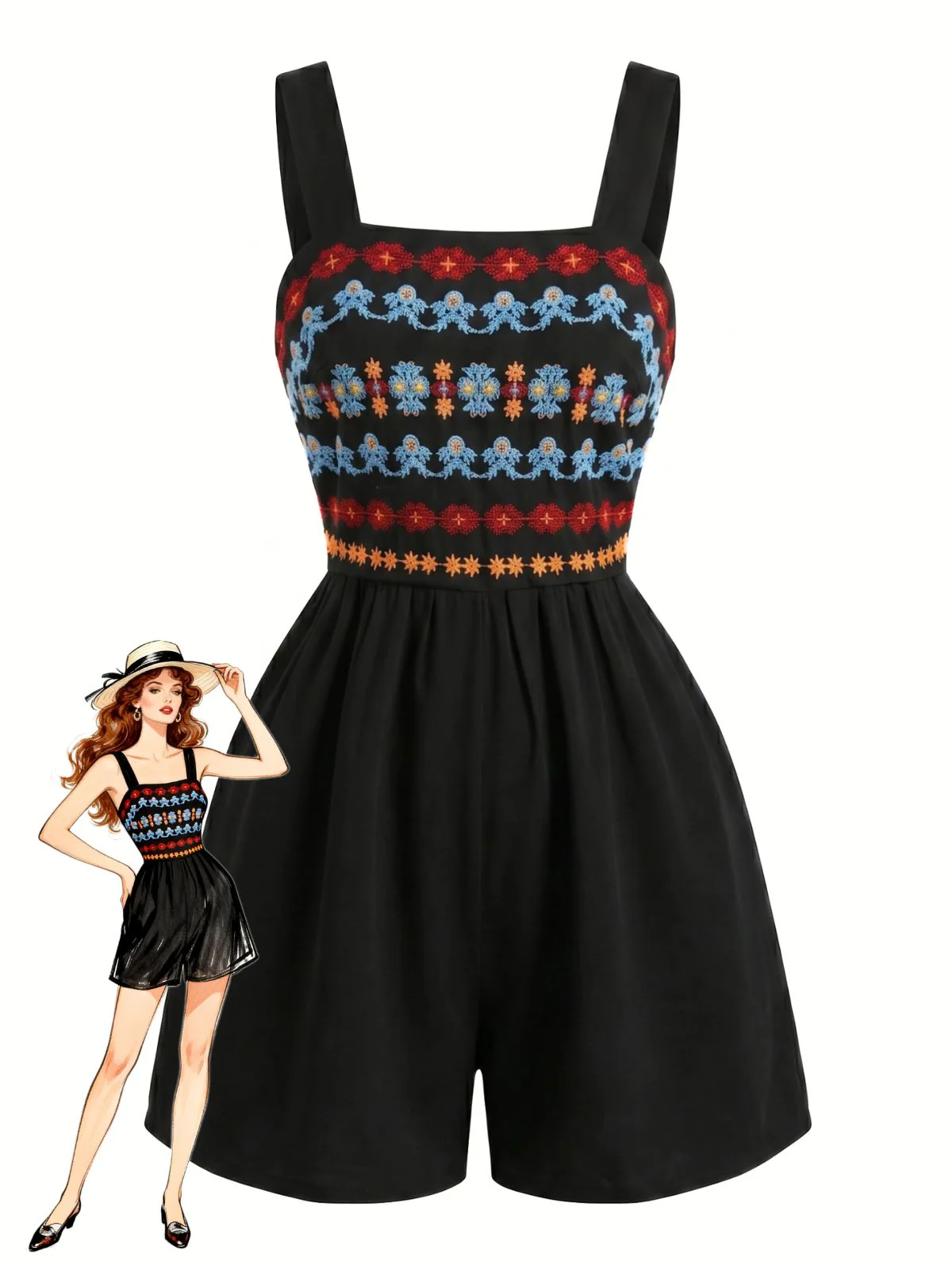 Combishort Col Carré Brodé Fleur Noir Années 50