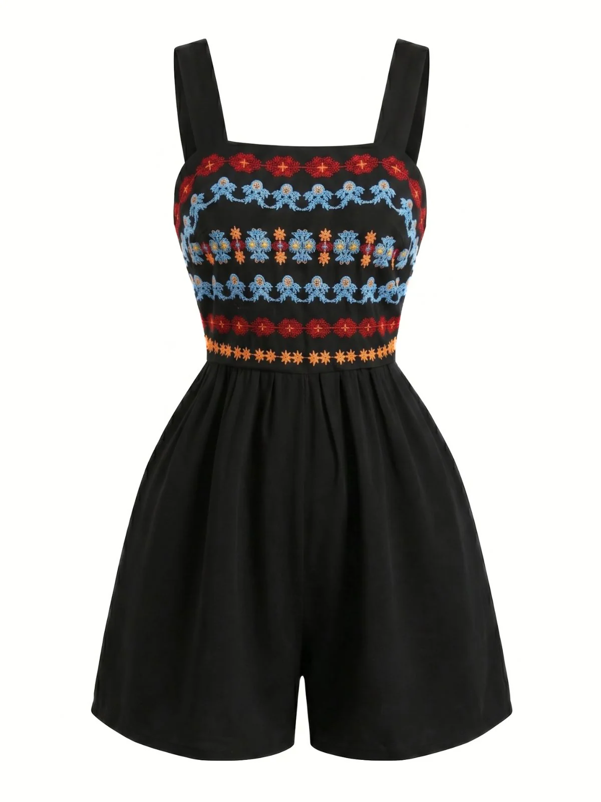 Combishort Col Carré Brodé Fleur Noir Années 50 - Image 2