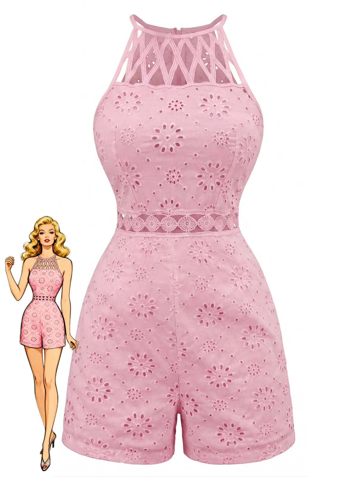 Combishort fleurs encolure ronde et dos nu nouer années 70
