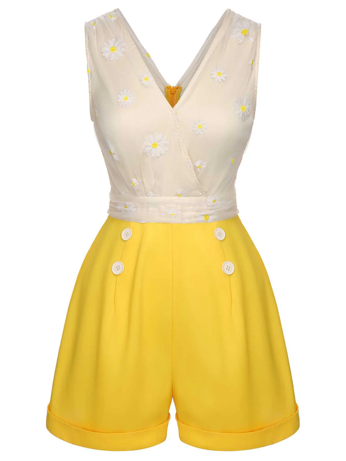 Combishort jaune en maille marguerite à col en V des années 1950 - Image 2
