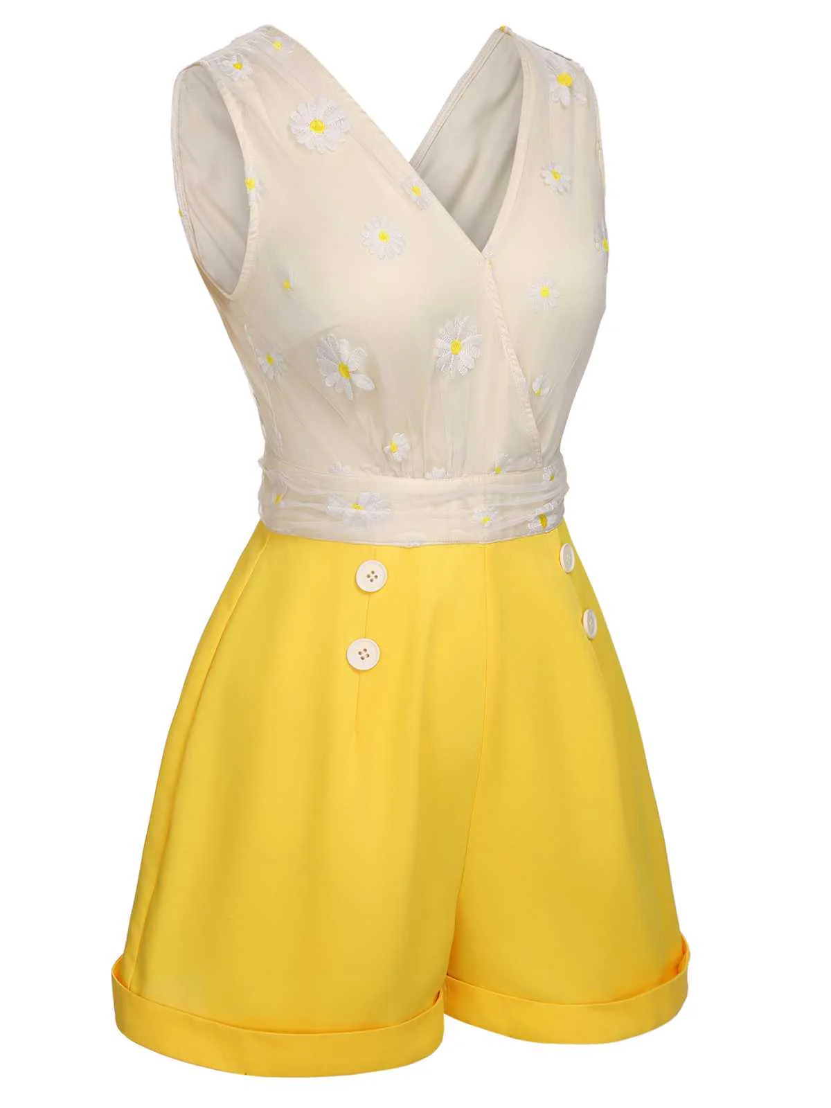 Combishort jaune en maille marguerite à col en V des années 1950 - Image 3