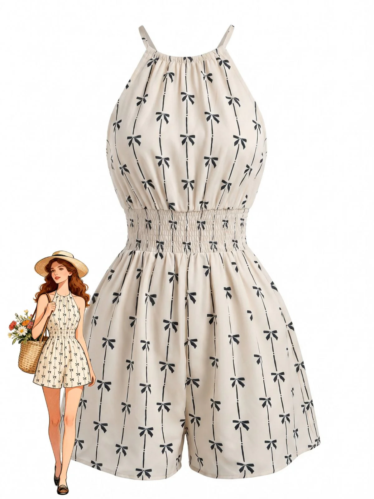 Combishort Licou Imprimé Nœuds Taille Froncée Beige Années 1950