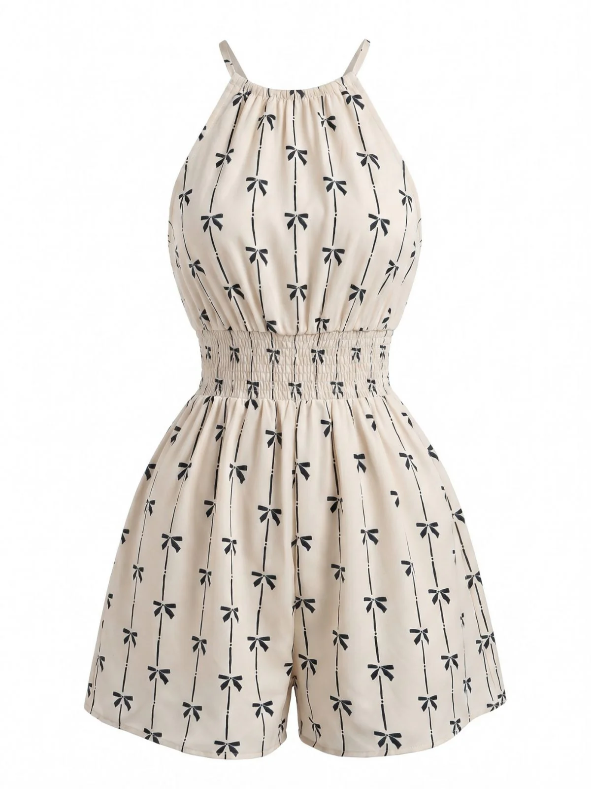Combishort Licou Imprimé Nœuds Taille Froncée Beige Années 1950 - Image 4