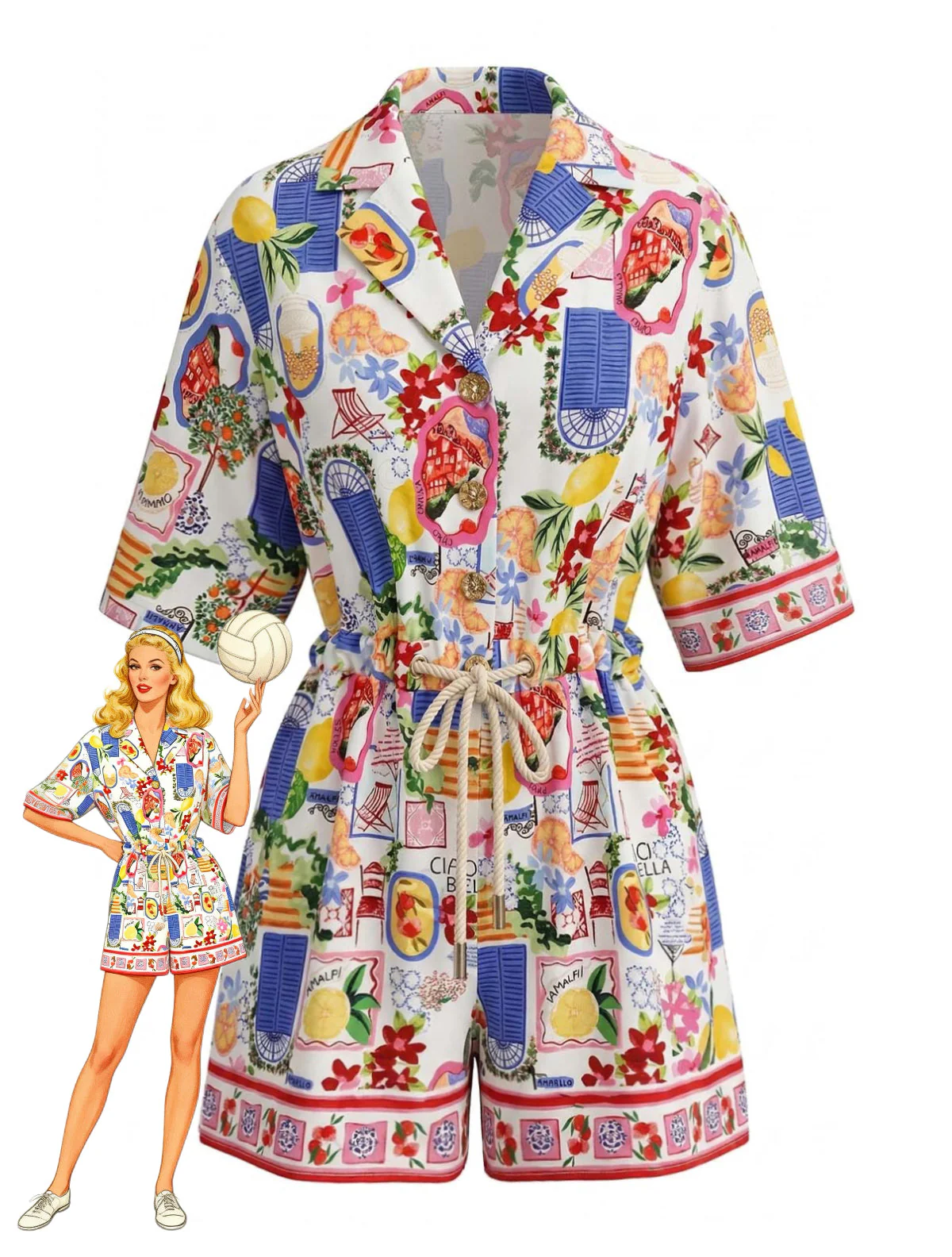 Combishort multicolore manches courtes motif fruits et col revers années 70