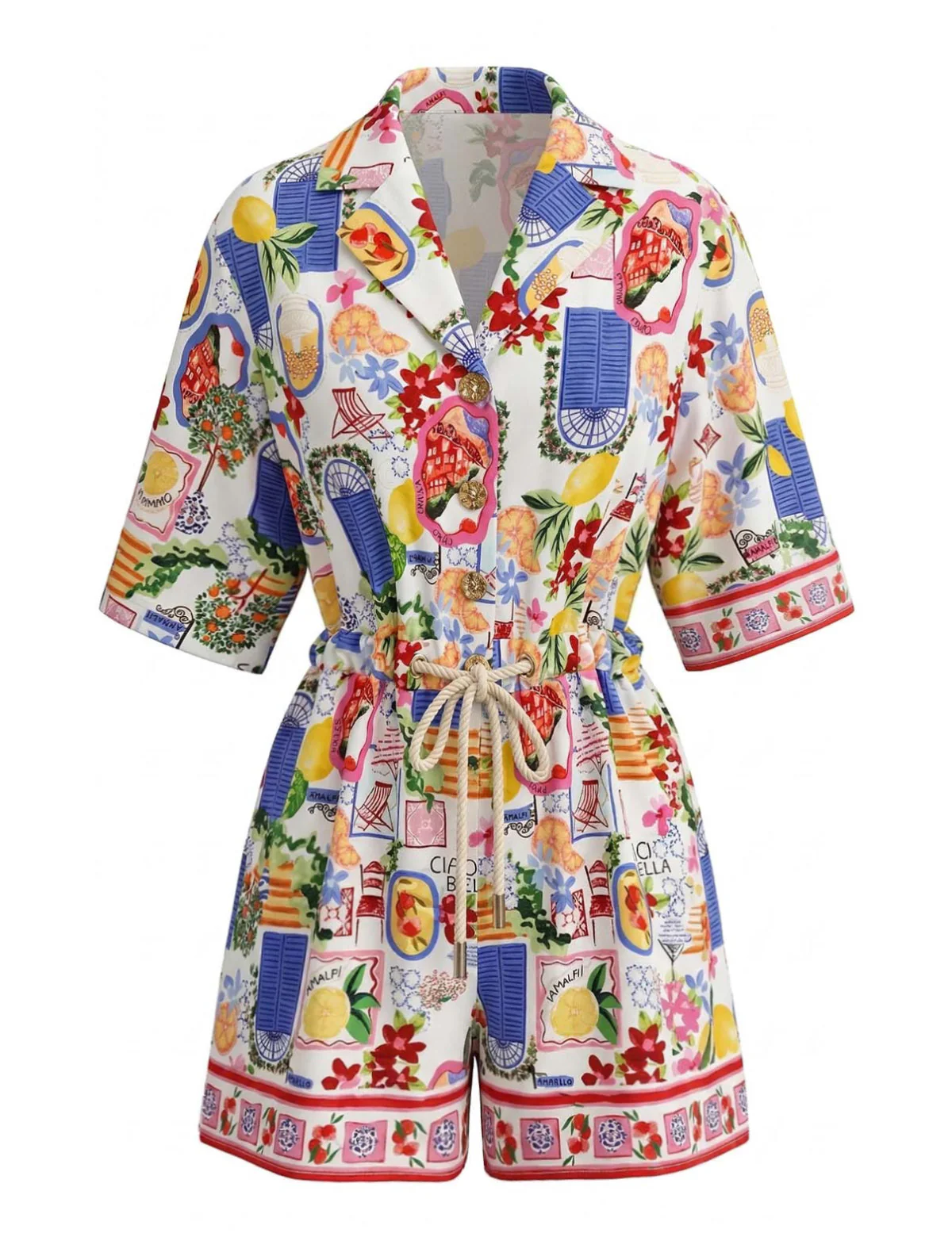 Combishort multicolore manches courtes motif fruits et col revers années 70 - Image 2
