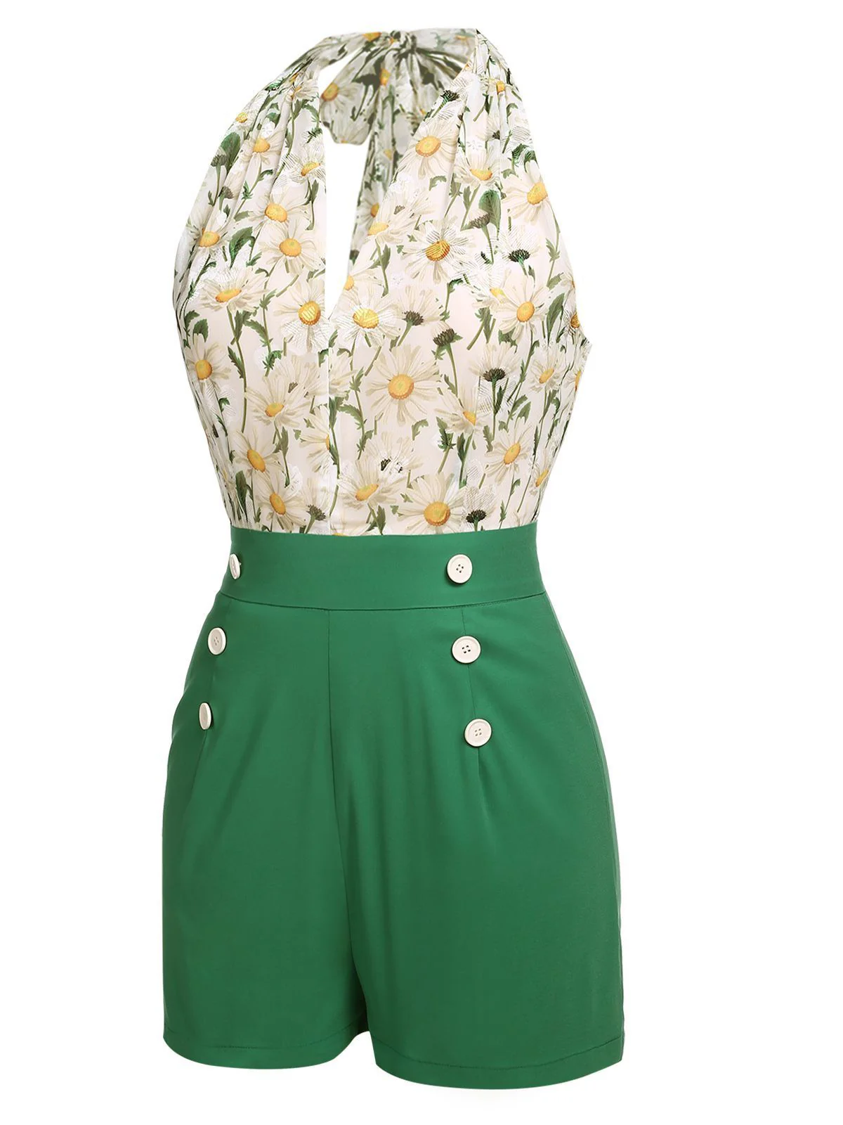 Combishort Vert Vintage Années 50 à Fleur avec Boutons - Image 10
