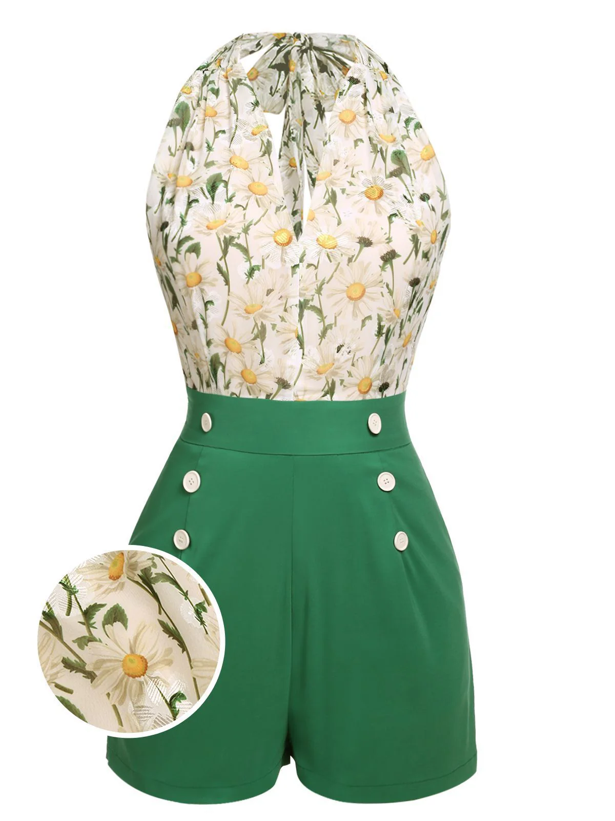 Combishort Vert Vintage Années 50 à Fleur avec Boutons - Image 8