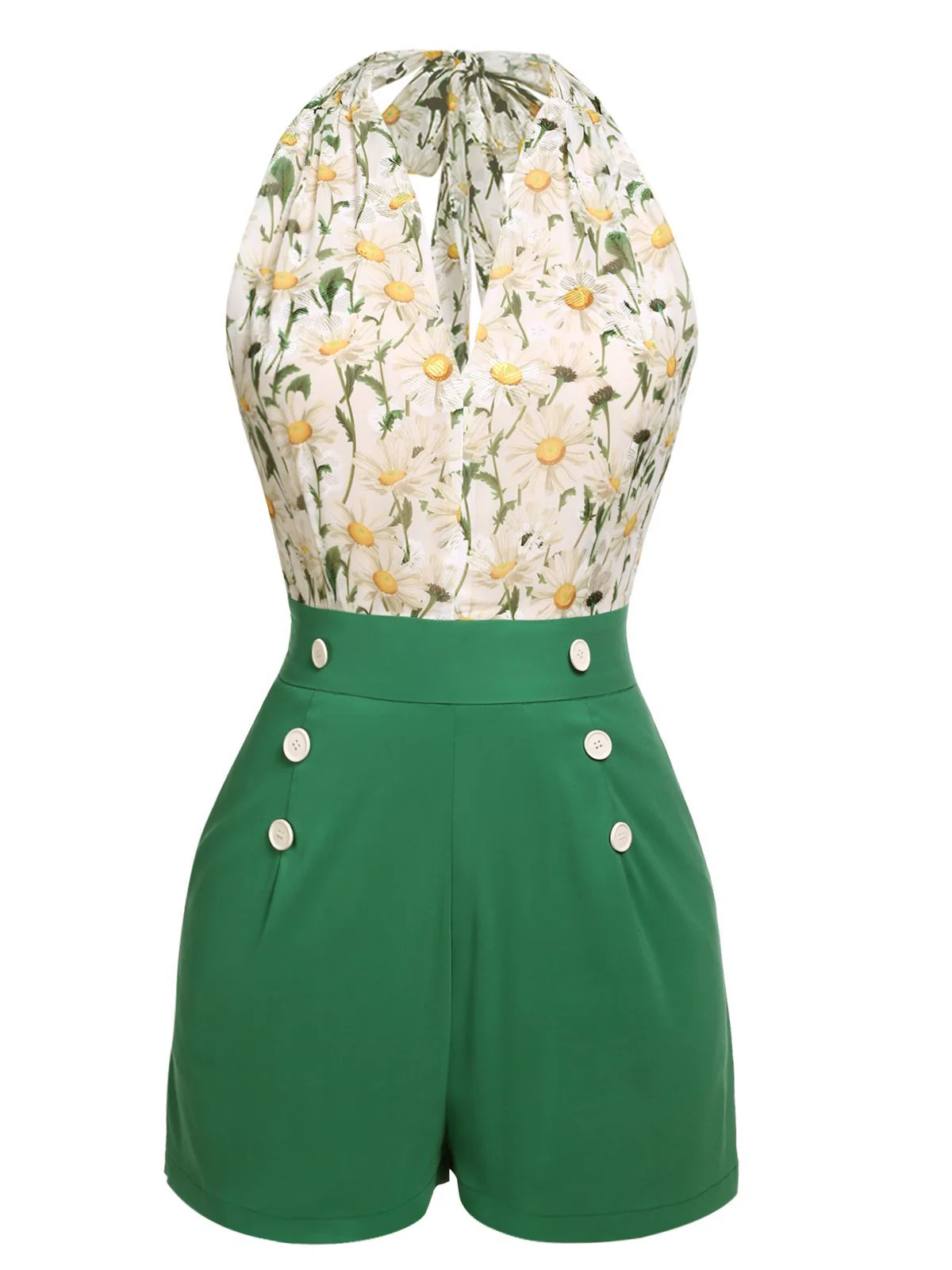 Combishort Vert Vintage Années 50 à Fleur avec Boutons - Image 9