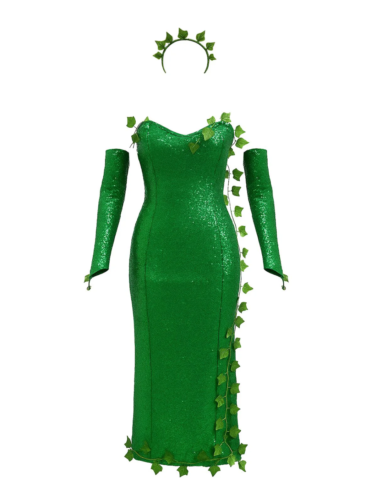 Ensemble bandeau à feuilles multiples et robe à paillettes vert années 1970