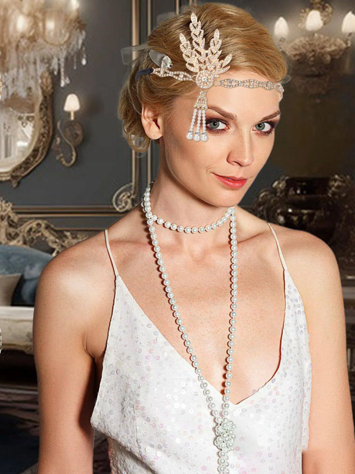Ensemble Bandeau en Alliage de Plumes et Collier de Perles Gatsby - Image 2