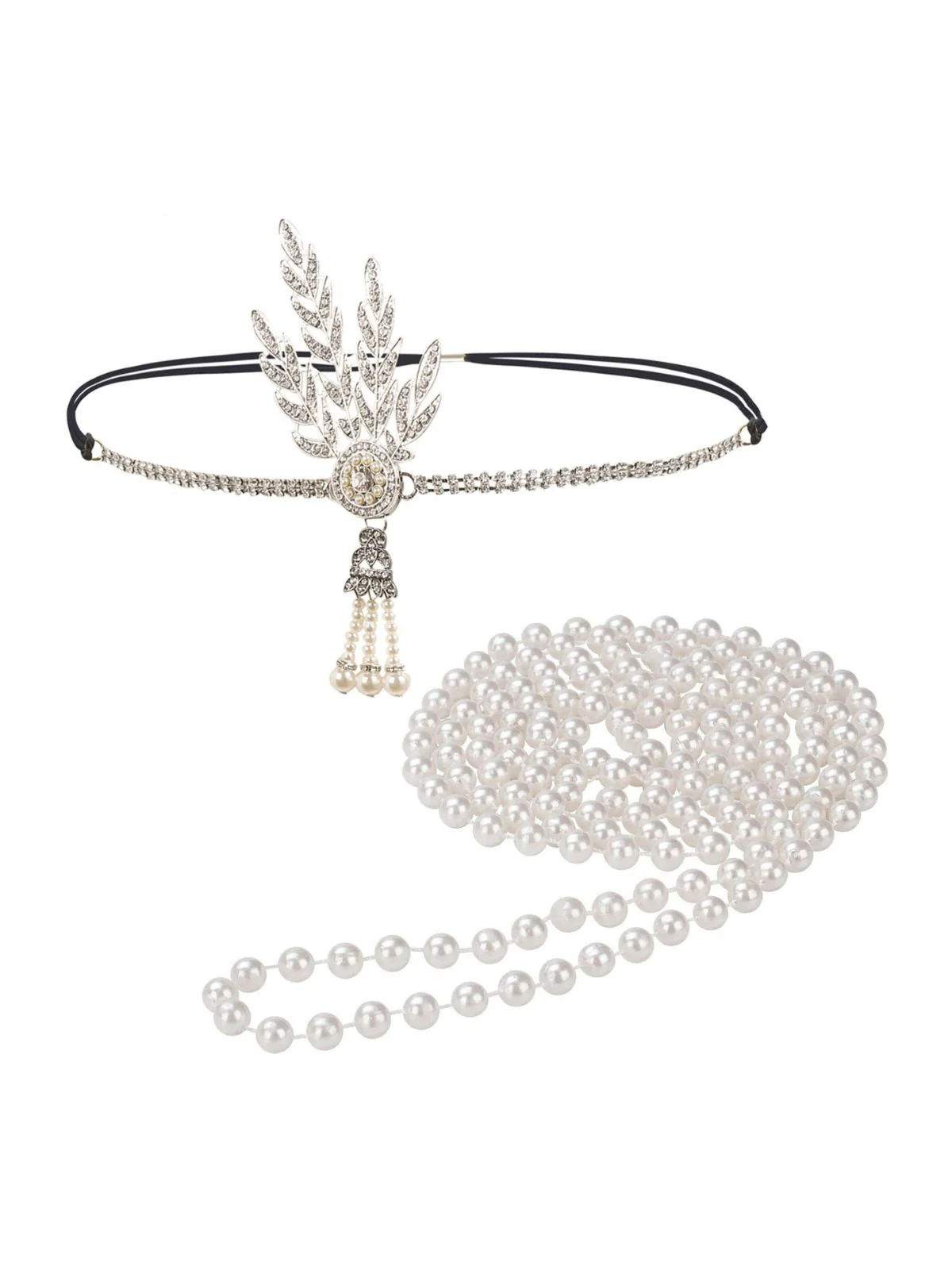 Ensemble Bandeau en Alliage de Plumes et Collier de Perles Gatsby - Image 3