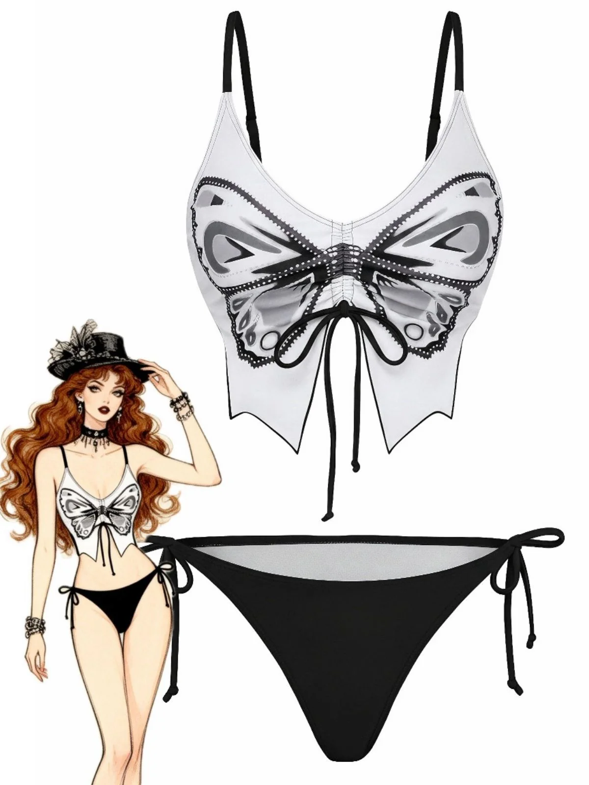 Ensemble bikini à fines bretelles et lacets papillon années 1970