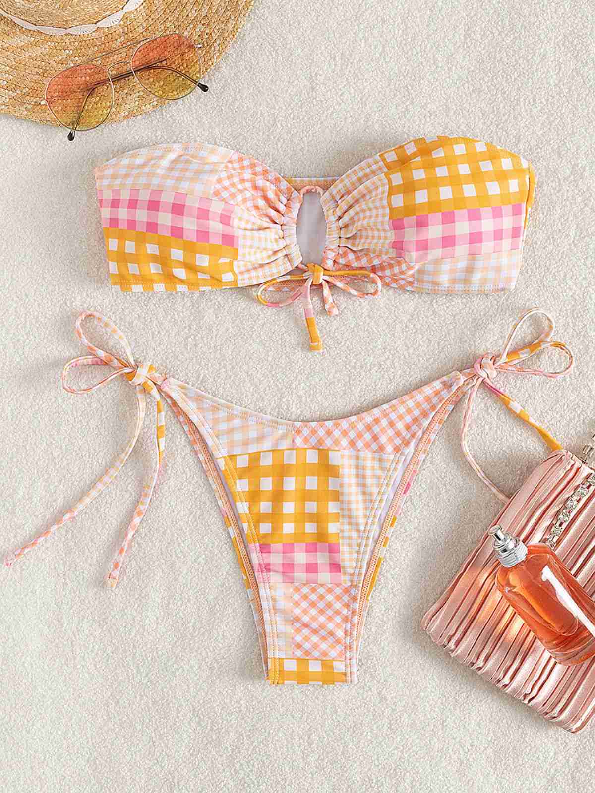 Ensemble bikini bandeau à carreaux vichy rose années 1970 - Image 4