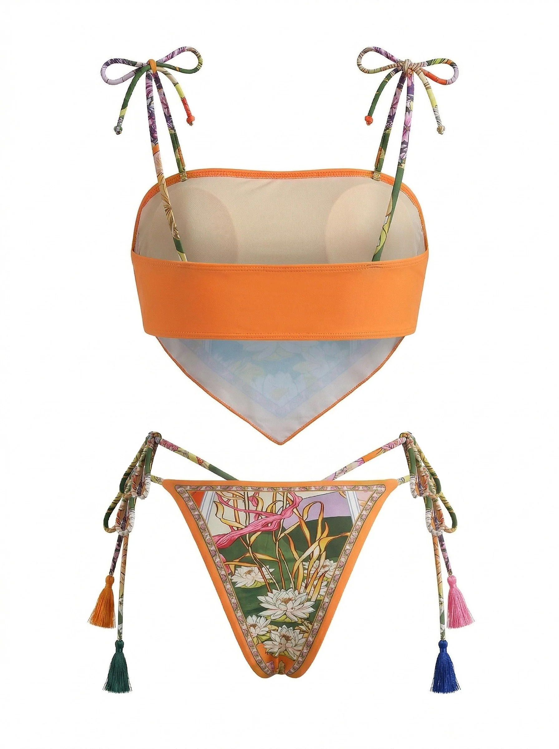 Ensemble bikini bandeau orange motif floral et liens pompons années 70 - Image 2
