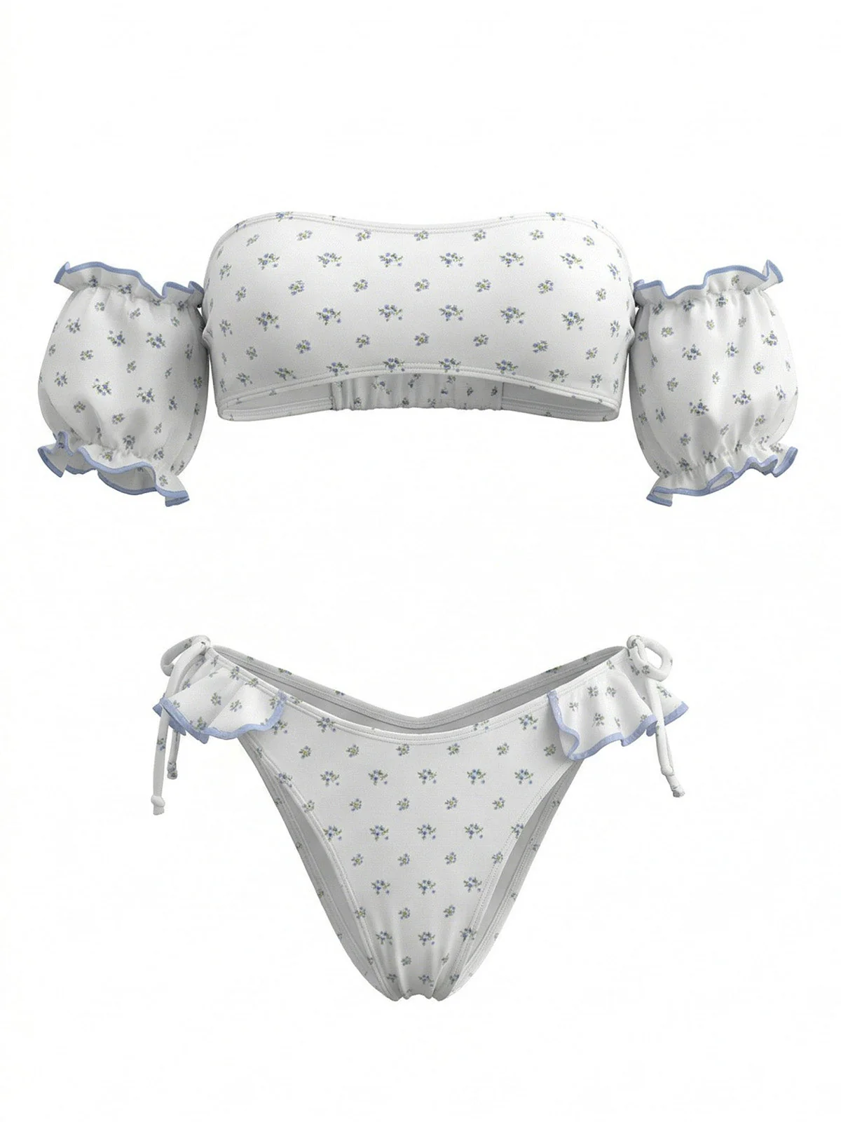 Ensemble bikini blanc motif floral épaules dénudées et manches bouffantes années 50 - Image 2