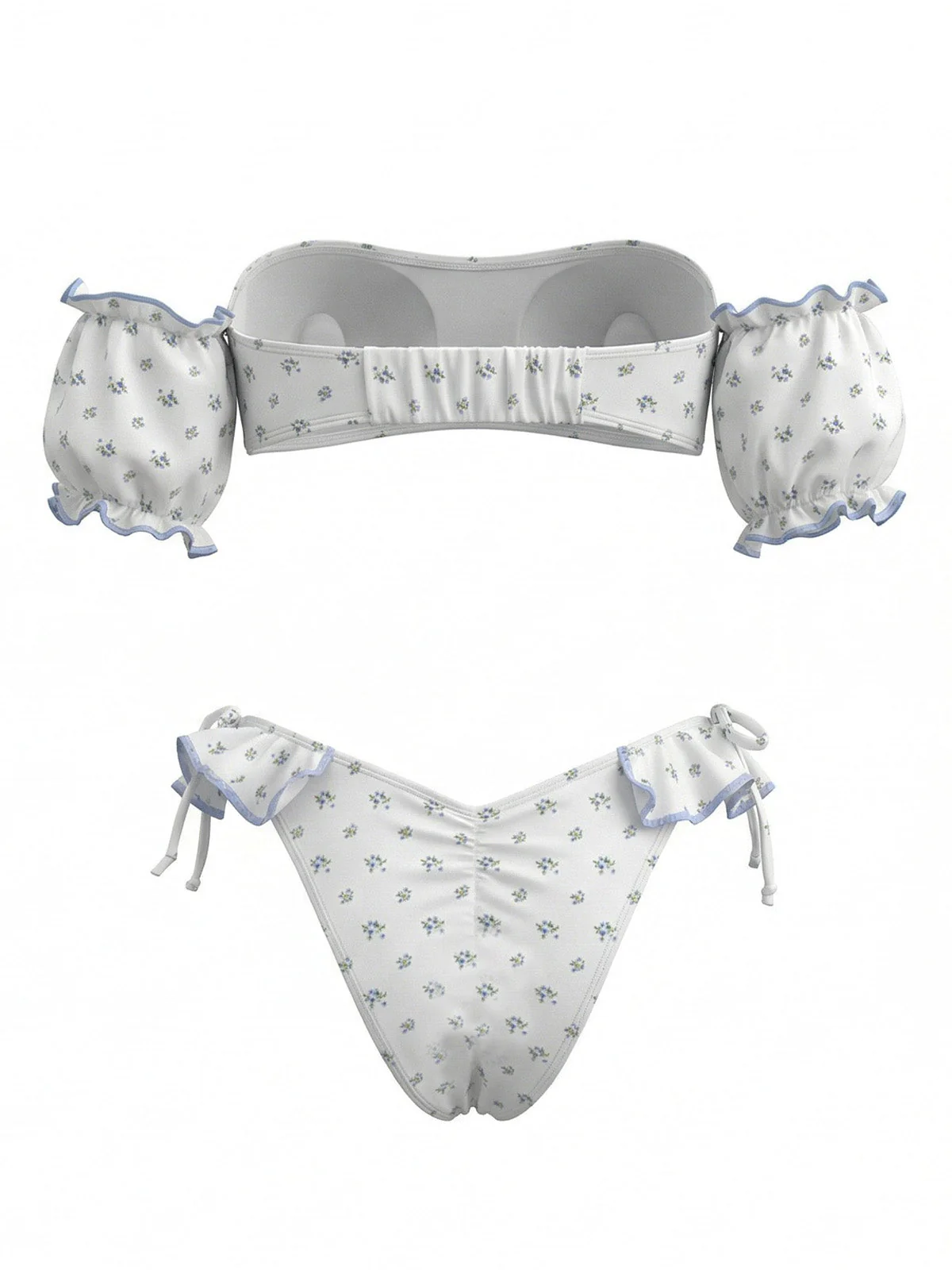 Ensemble bikini blanc motif floral épaules dénudées et manches bouffantes années 50 - Image 3