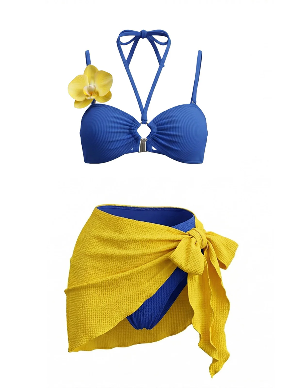 Ensemble Bikini Bleu Orchidée & Paréo Jaune Années 1980 - Image 2