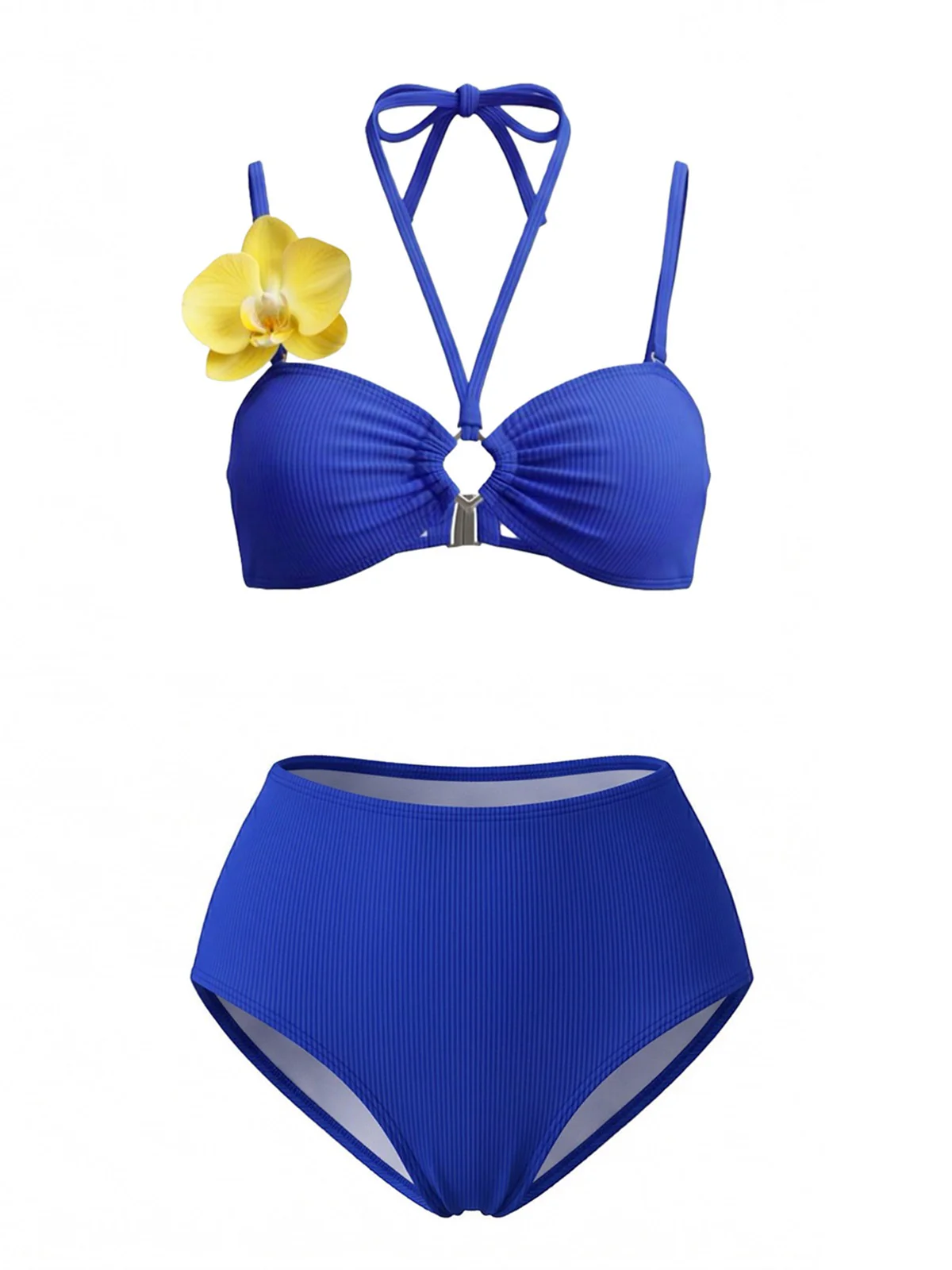 Ensemble Bikini Bleu Orchidée & Paréo Jaune Années 1980 - Image 4