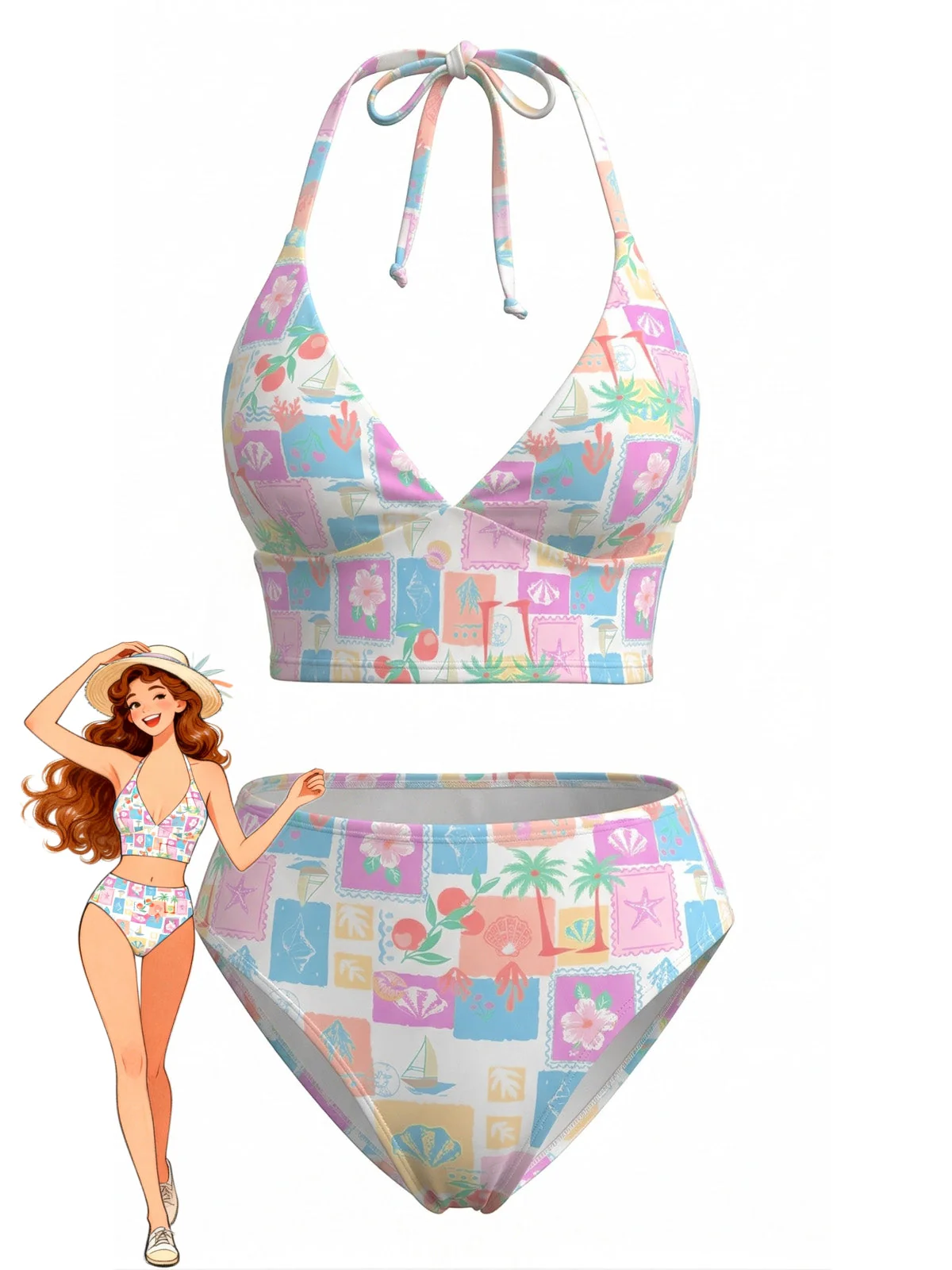 Ensemble Bikini Col en V Floral Carreaux Rose années 60