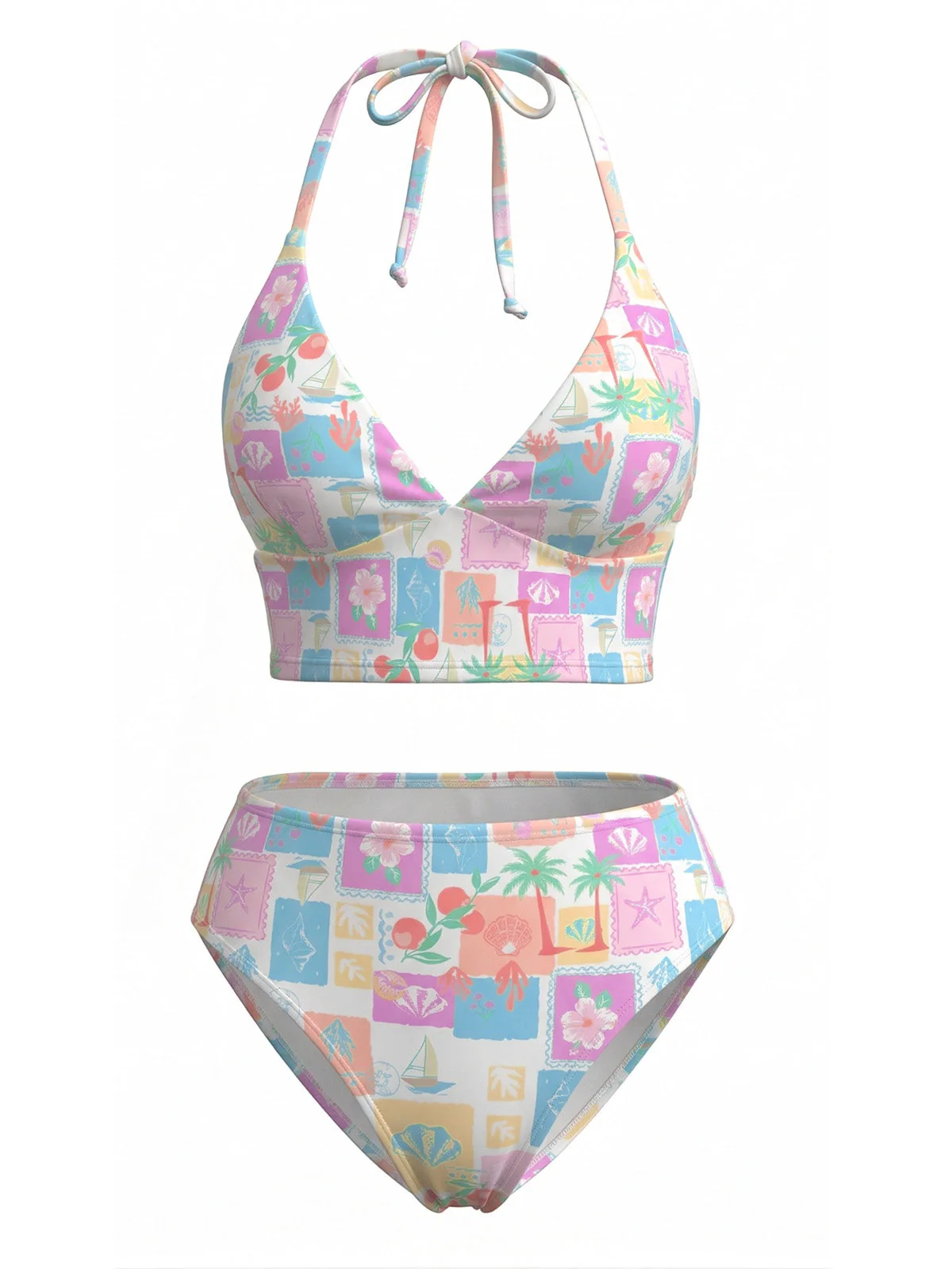 Ensemble Bikini Col en V Floral Carreaux Rose années 60 - Image 2