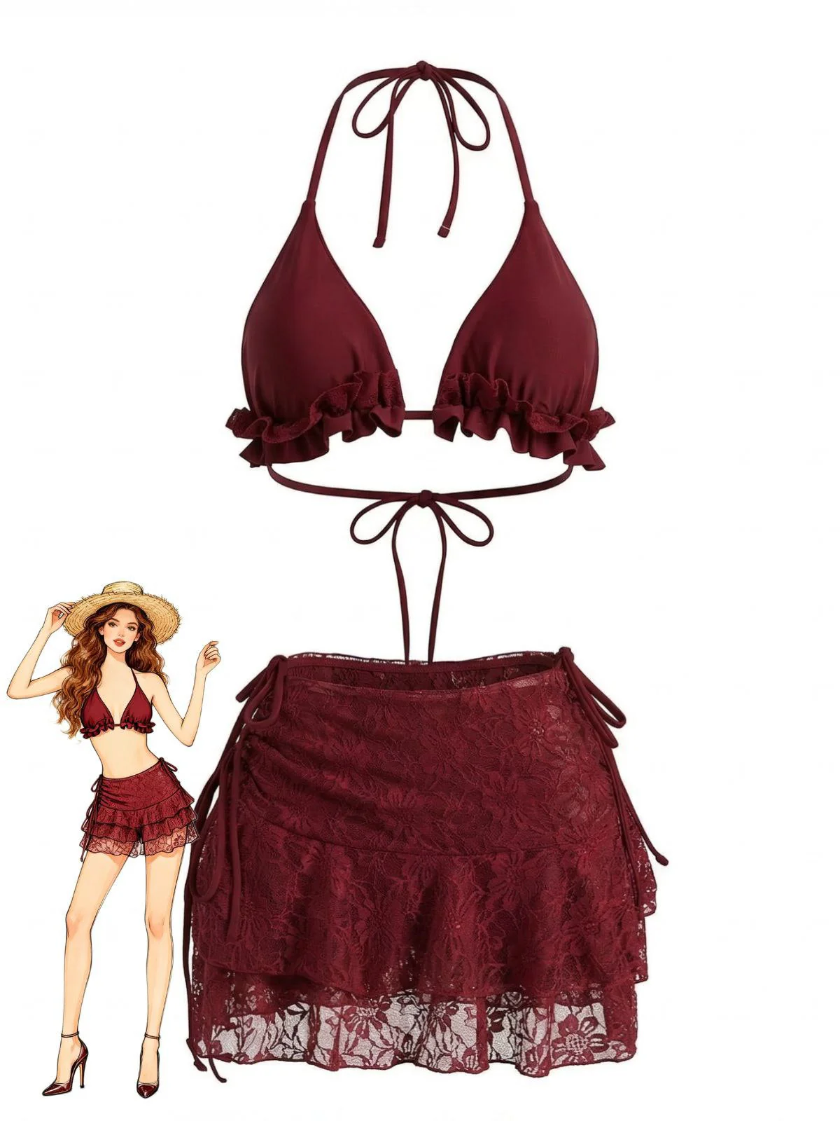 Ensemble bikini col halter et cache-maillot fleurie années 1960