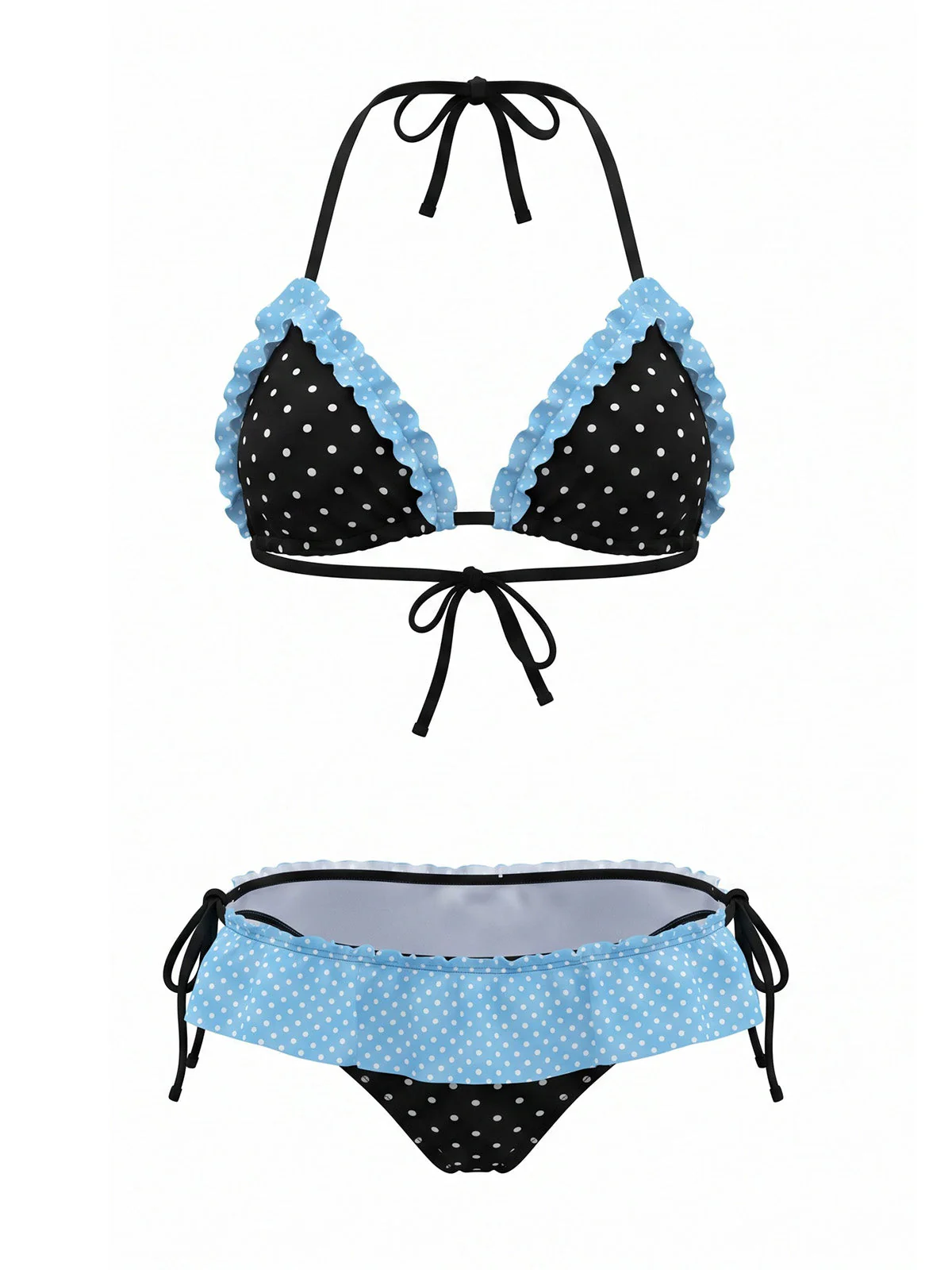 Ensemble bikini dos nu à pois contrastants et finitions volants années 80