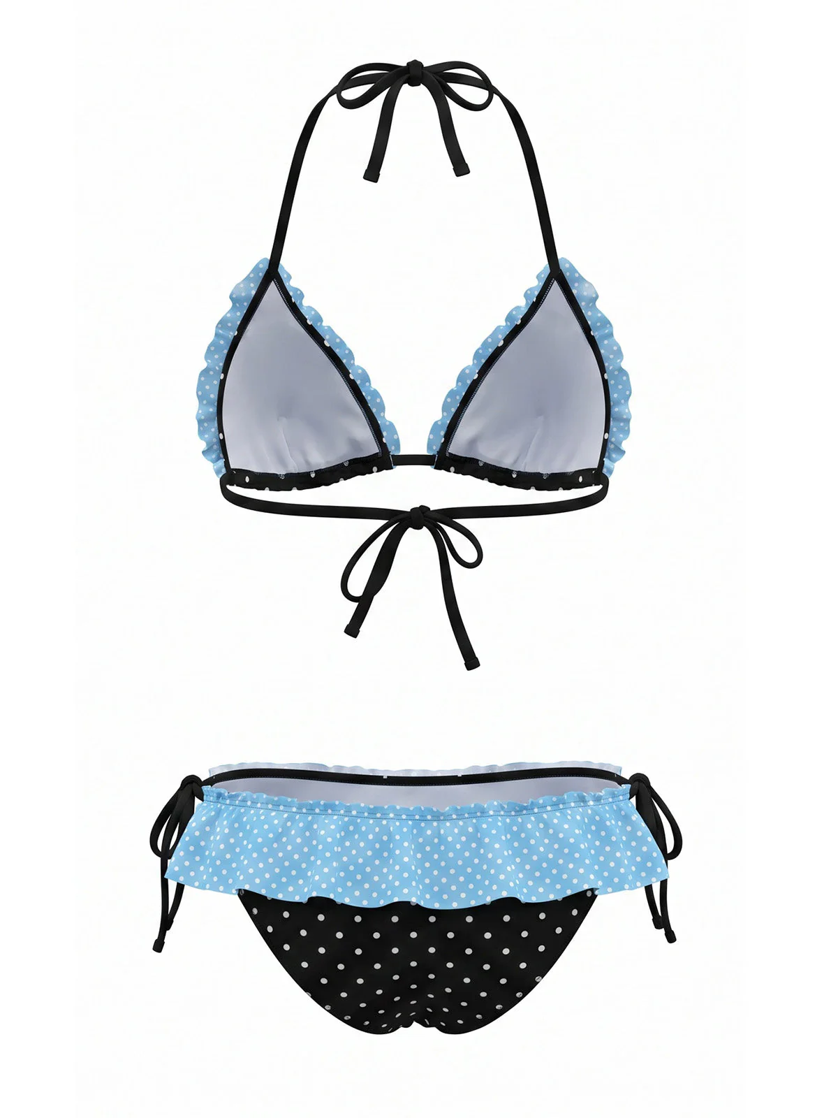Ensemble bikini dos nu à pois contrastants et finitions volants années 80 - Image 2