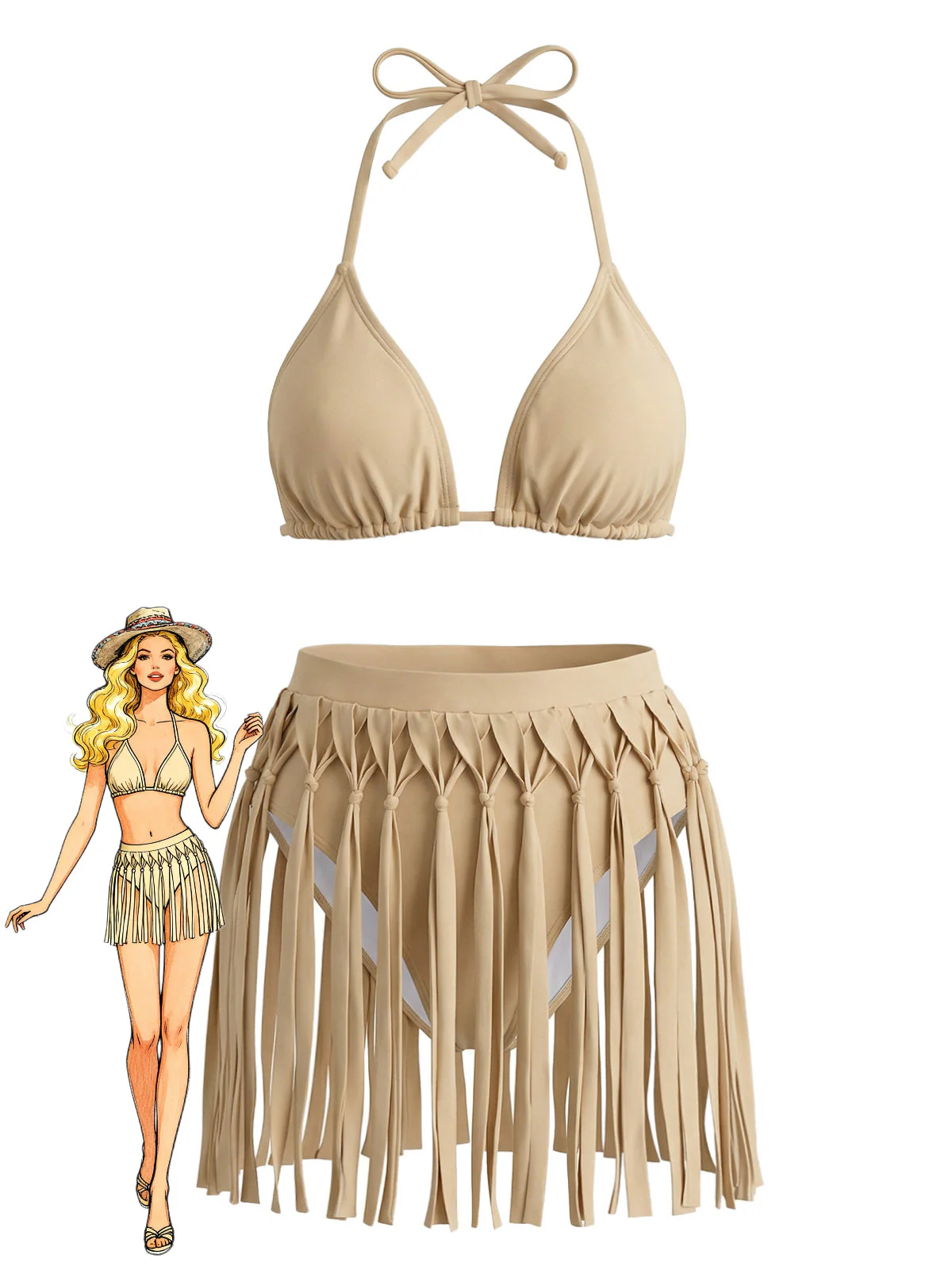 Ensemble bikini dos nu kaki patchwork franges années 70
